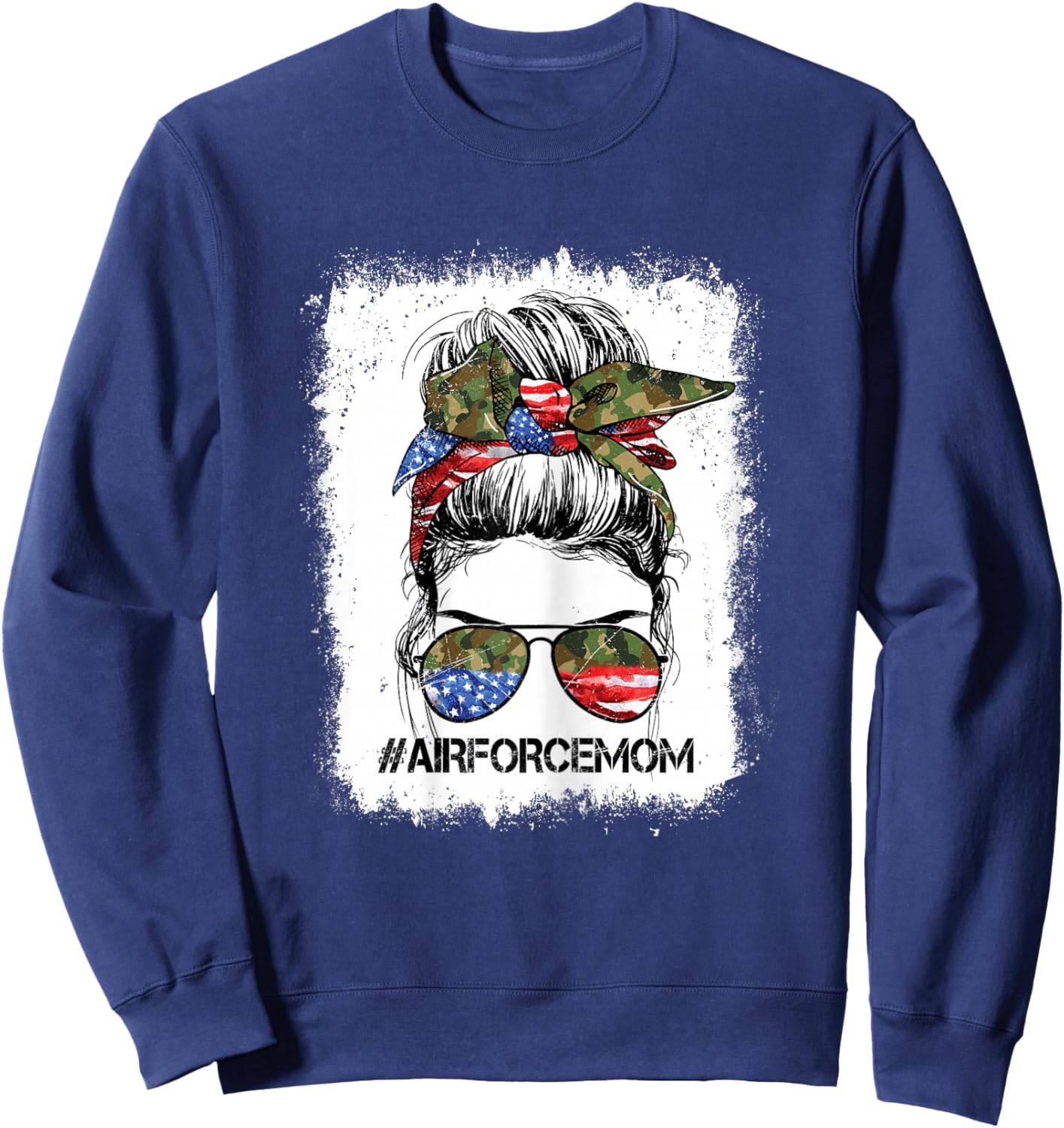 All American Airforce Mom Messy Bun US Flag 4th of July Sweatshirt - Sweatshirt | Navy