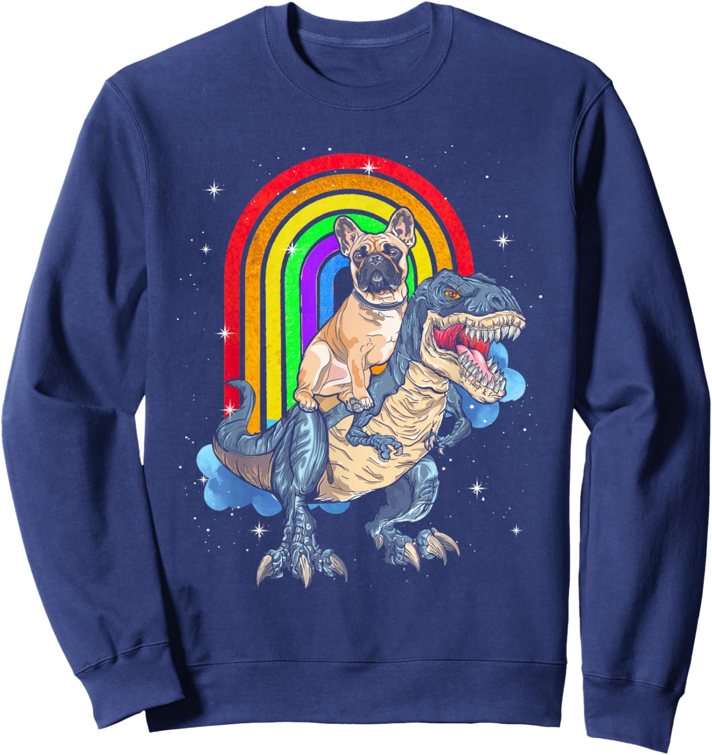 French Bulldog Riding Dinosaur T rex Rainbow Women Kids Sweatshirt - Sweatshirt | Navy