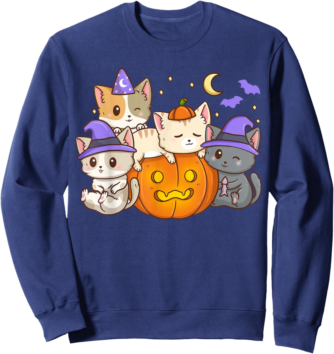 Halloween Cats Anime Cat Kawaii Neko Pumpkin Cat Lover Witch Sweatshirt - Sweatshirt | Navy
