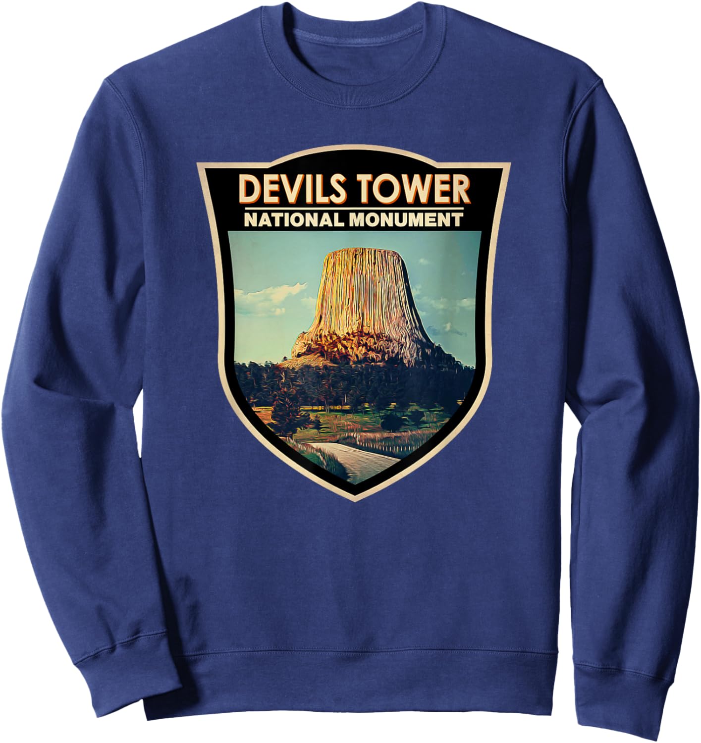 Devils Tower National Monument Wyoming Watercolor Badge Sweatshirt - Sweatshirt | Navy