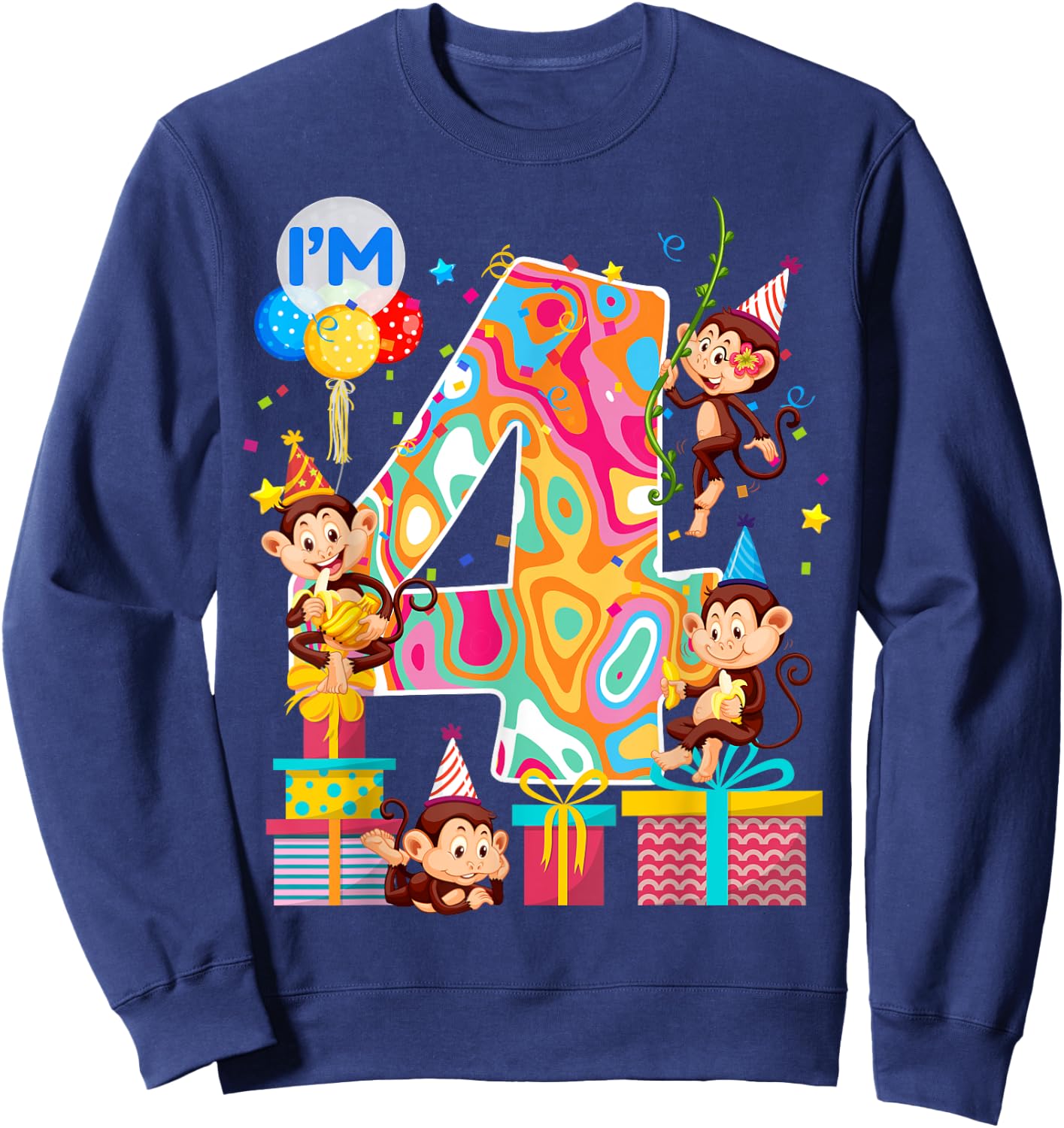 4th B-Day Monkey Birthday Zoo Animal 4 Year Old Funny Sweatshirt - Sweatshirt | Navy