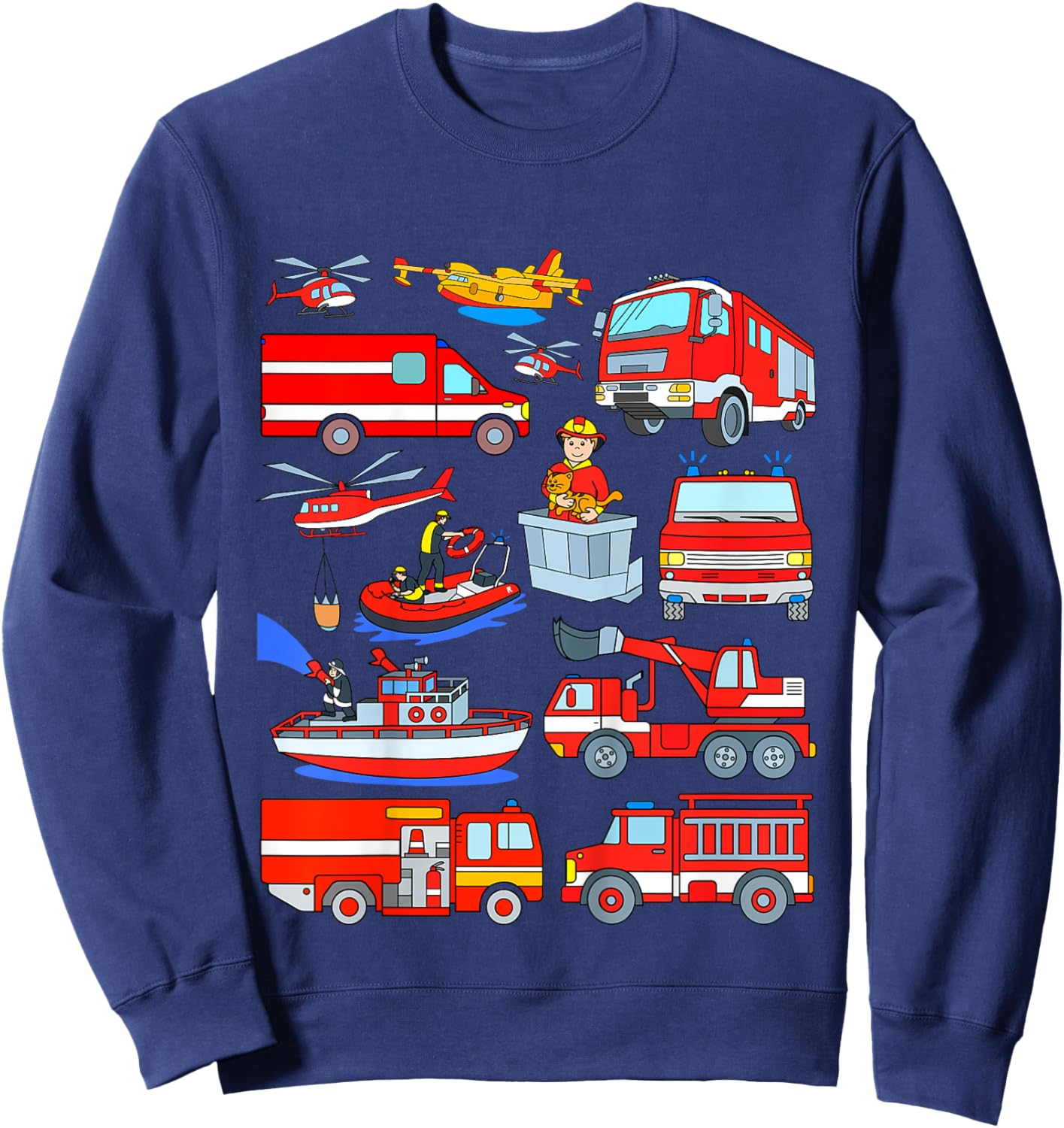 Kids Fire Truck Fireman Cat Rescue Boat Plane Firefighters Boy Sweatshirt - Sweatshirt | Navy