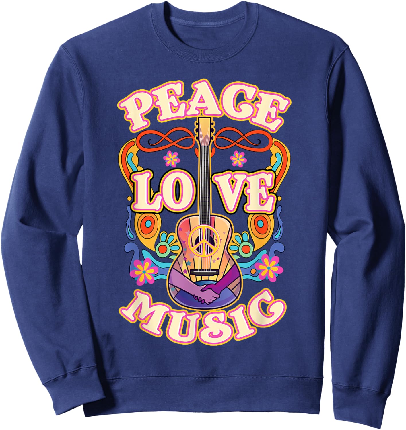 Retro Hippie Guitar Peace Love Music Sweatshirt - Sweatshirt | Navy