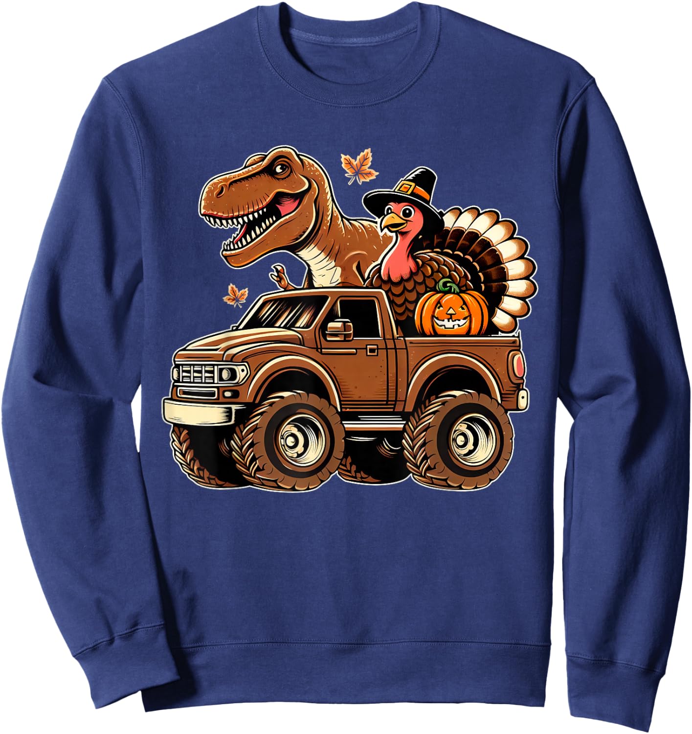 Happy Thanksgiving Dinosaur Turkey Riding Truck Kids Boys Sweatshirt - Sweatshirt | Navy