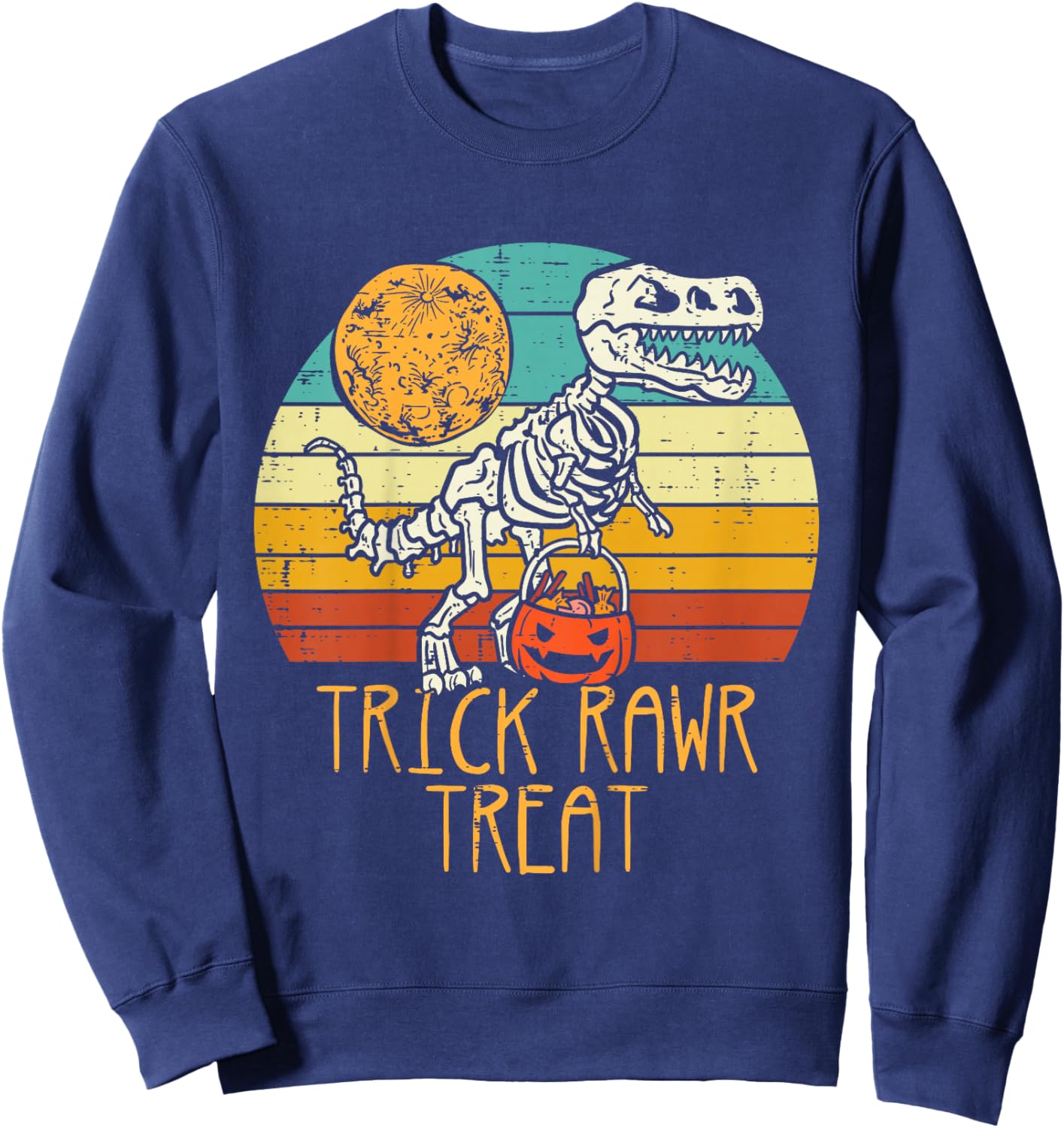 Kids Trick Rawr Treat Skeleton Dino Trex Toddler Boys Halloween Sweatshirt - Sweatshirt | Navy