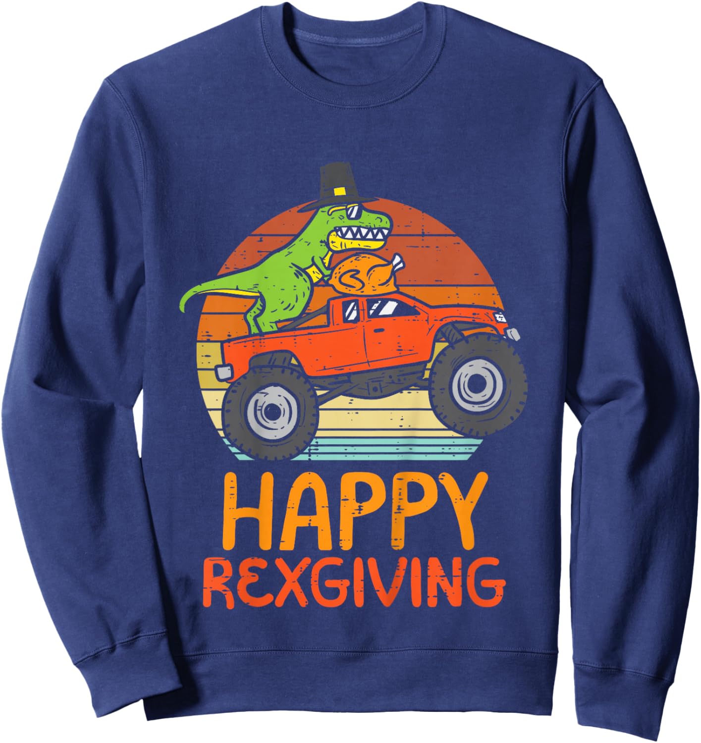 Kids Trex Monster Truck Happy Rexgiving Thanksgiving Boys Kids Sweatshirt - Sweatshirt | Navy