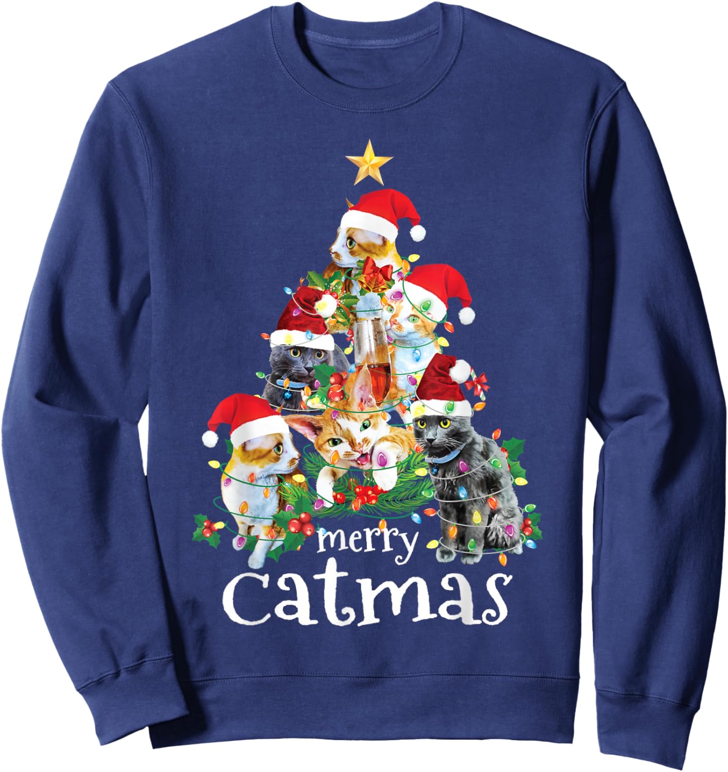 Merry Catmas Cat Mom Cat Dad Funny Christmas Tree Cat Sweatshirt - Sweatshirt | Navy