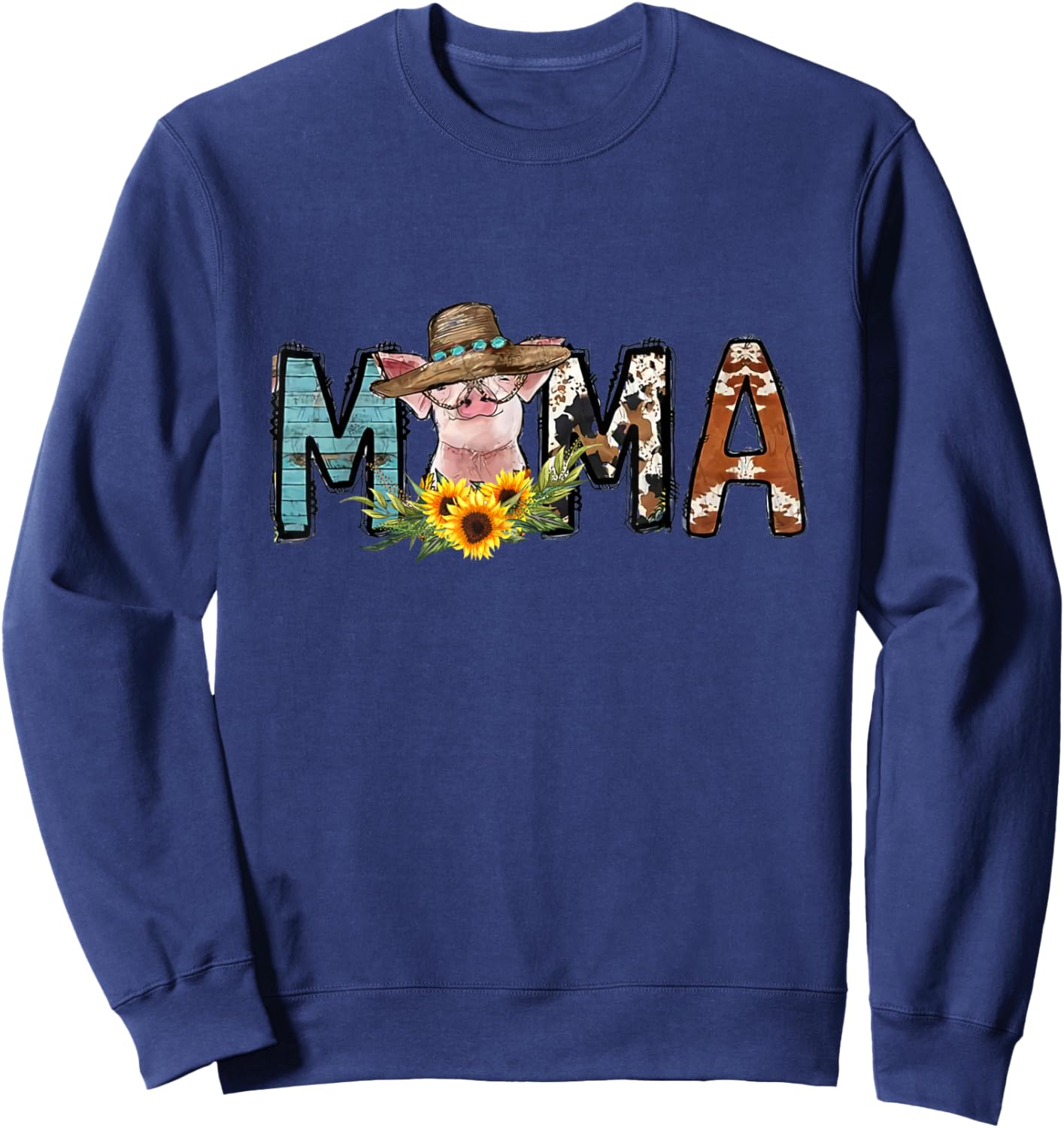 Pig Mama Pig Mom Sunflower Country Farm Life Cowhide Sweatshirt - Sweatshirt | Navy