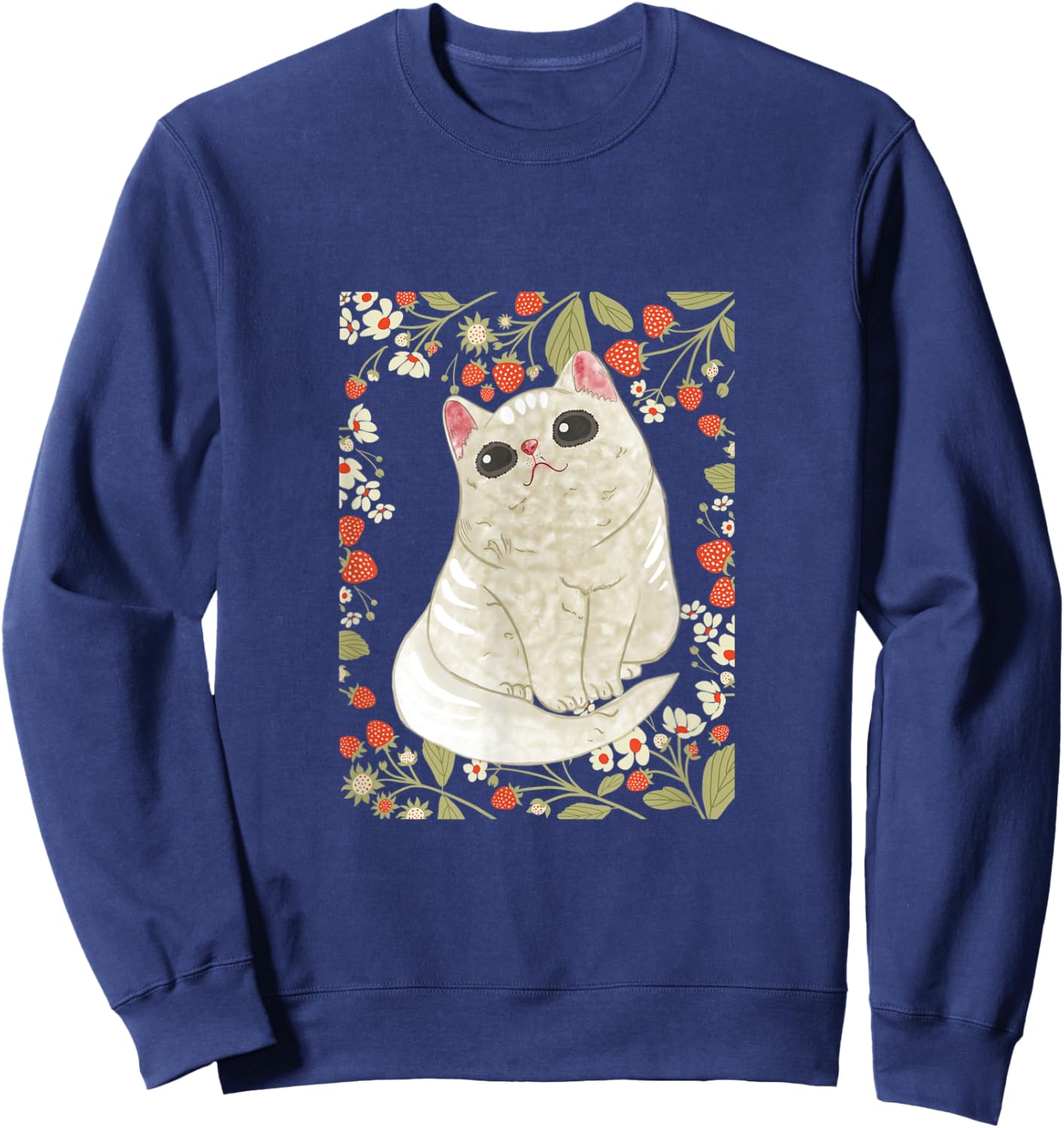 Cute Cat with Strawberry and Flower Sweatshirt - Sweatshirt | Navy