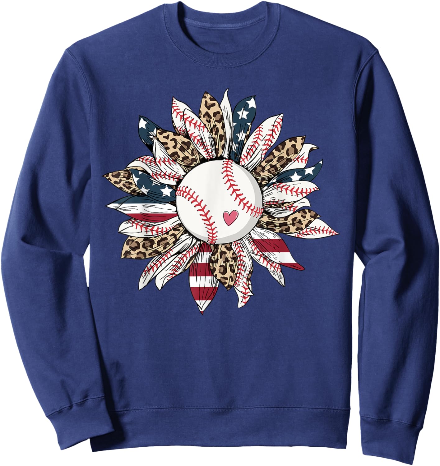 Baseball American Flag Leopard Sunflower Graphic 4th of July Sweatshirt - Sweatshirt | Navy