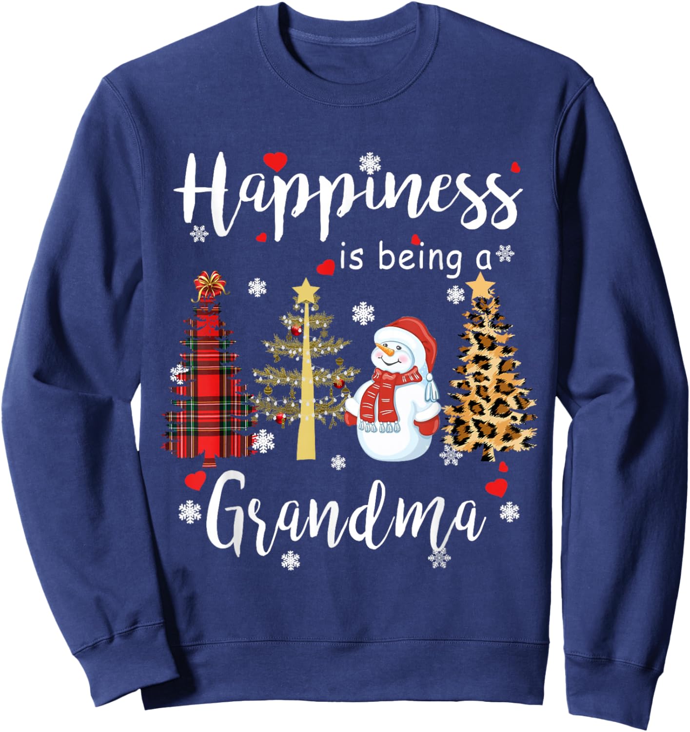 Happiness is being a Grandma Christmas Plaid Tree Snowman Sweatshirt - Sweatshirt | Navy