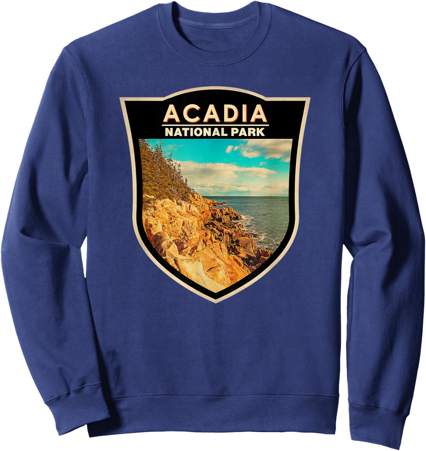 Acadia National Park Maine Bar Harbor Watercolor Badge Sweatshirt - Sweatshirt | Navy