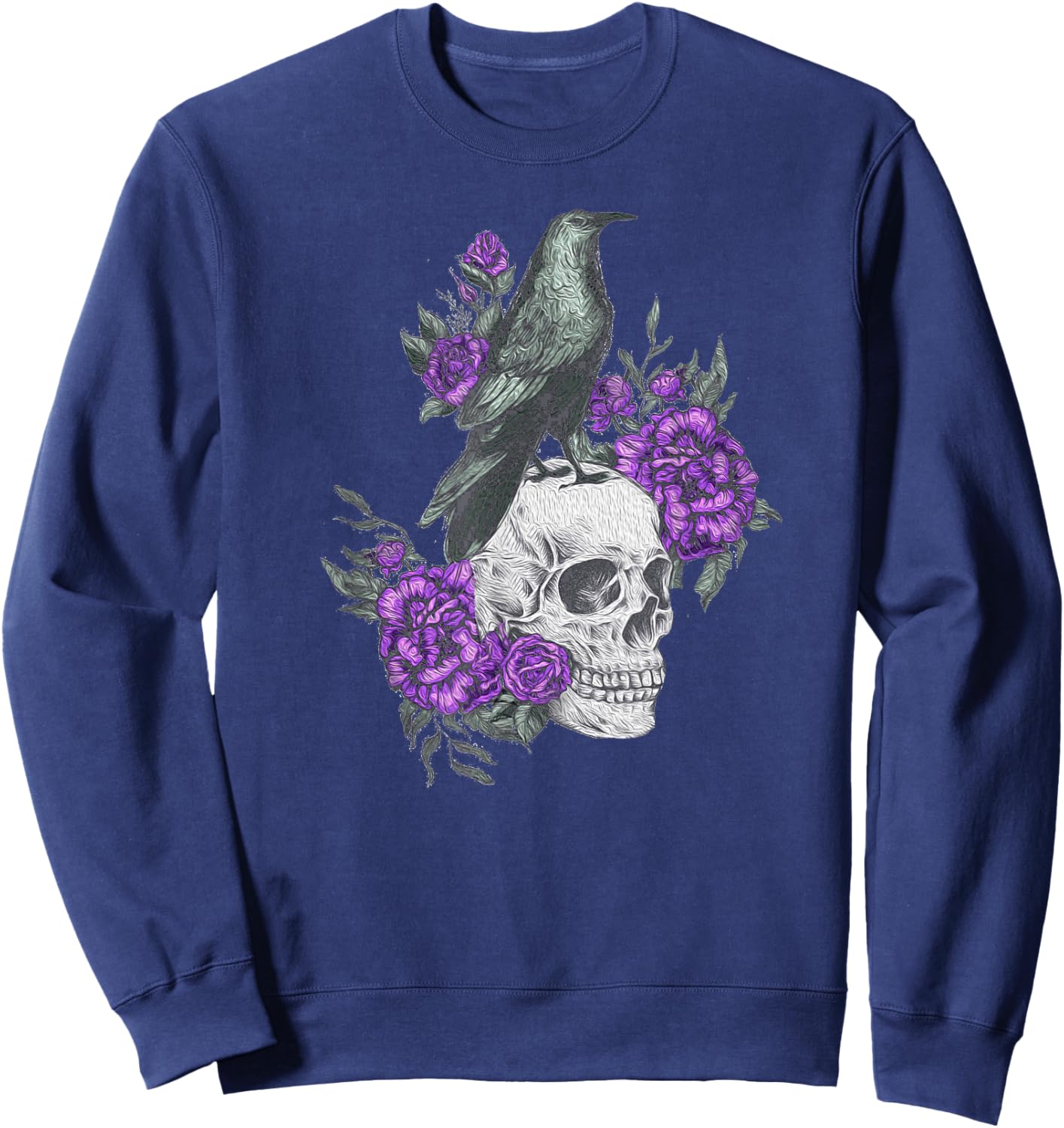Vintage Sugar Skull and Crow Purple Rose Day of the Dead Sweatshirt - Sweatshirt | Navy