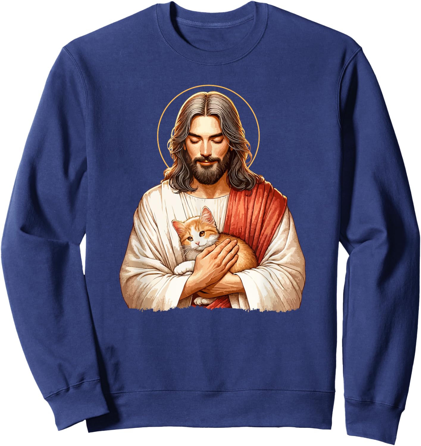 Cat Lover, Jesus Holding A Cat, Funny Christian Art Women Girls Kids Sweatshirt - Sweatshirt | Navy