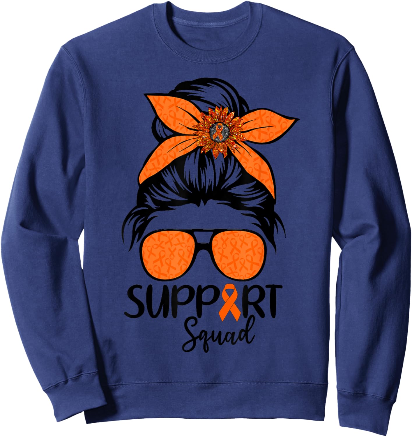 Women Messy Bun Orange Support Squad Kidney Cancer Awareness Sweatshirt - Sweatshirt | Navy