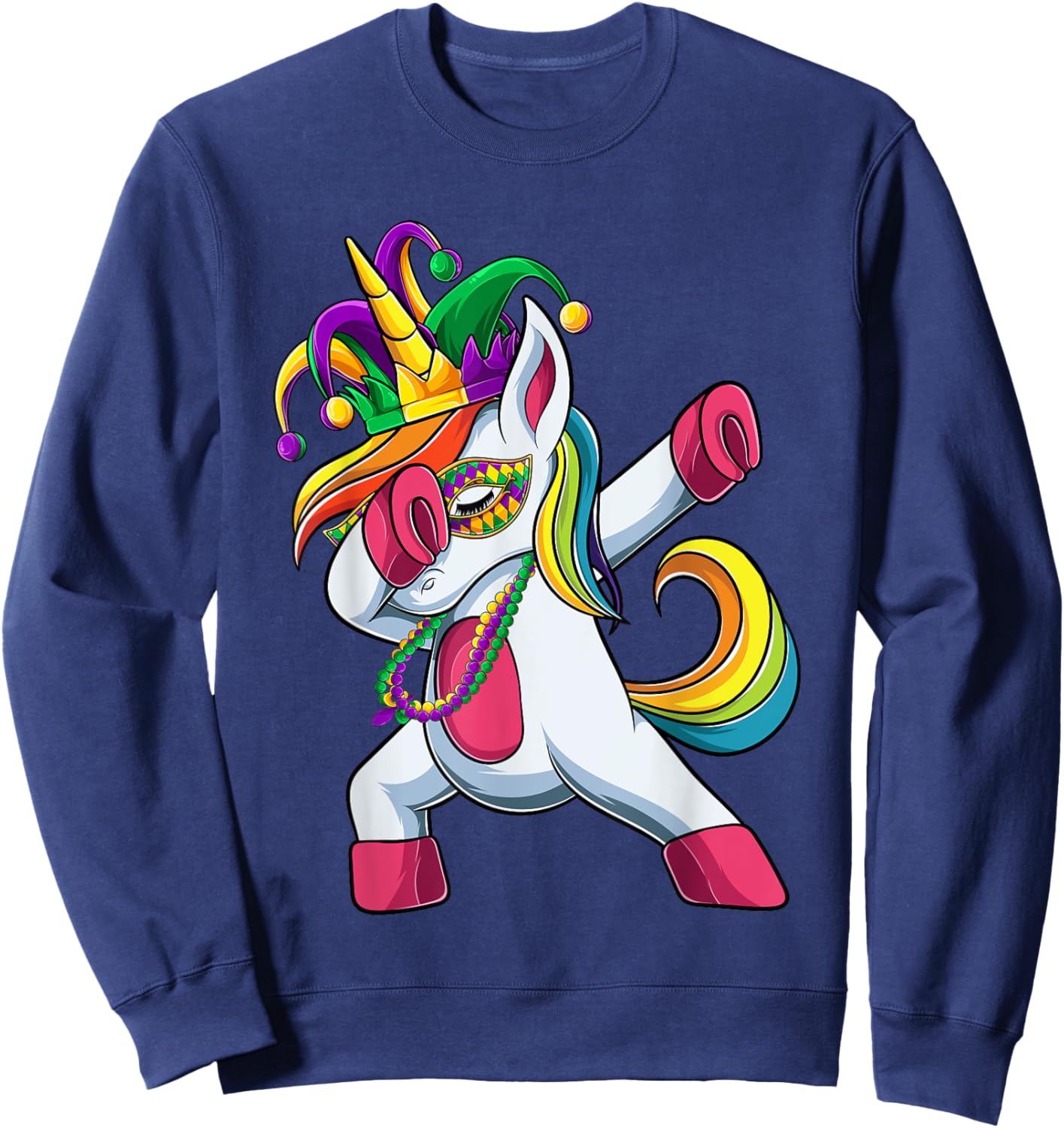 Dabbing Unicorn Jester Mardi Gras Shirt, Kids Girls Sweatshirt - Sweatshirt | Navy