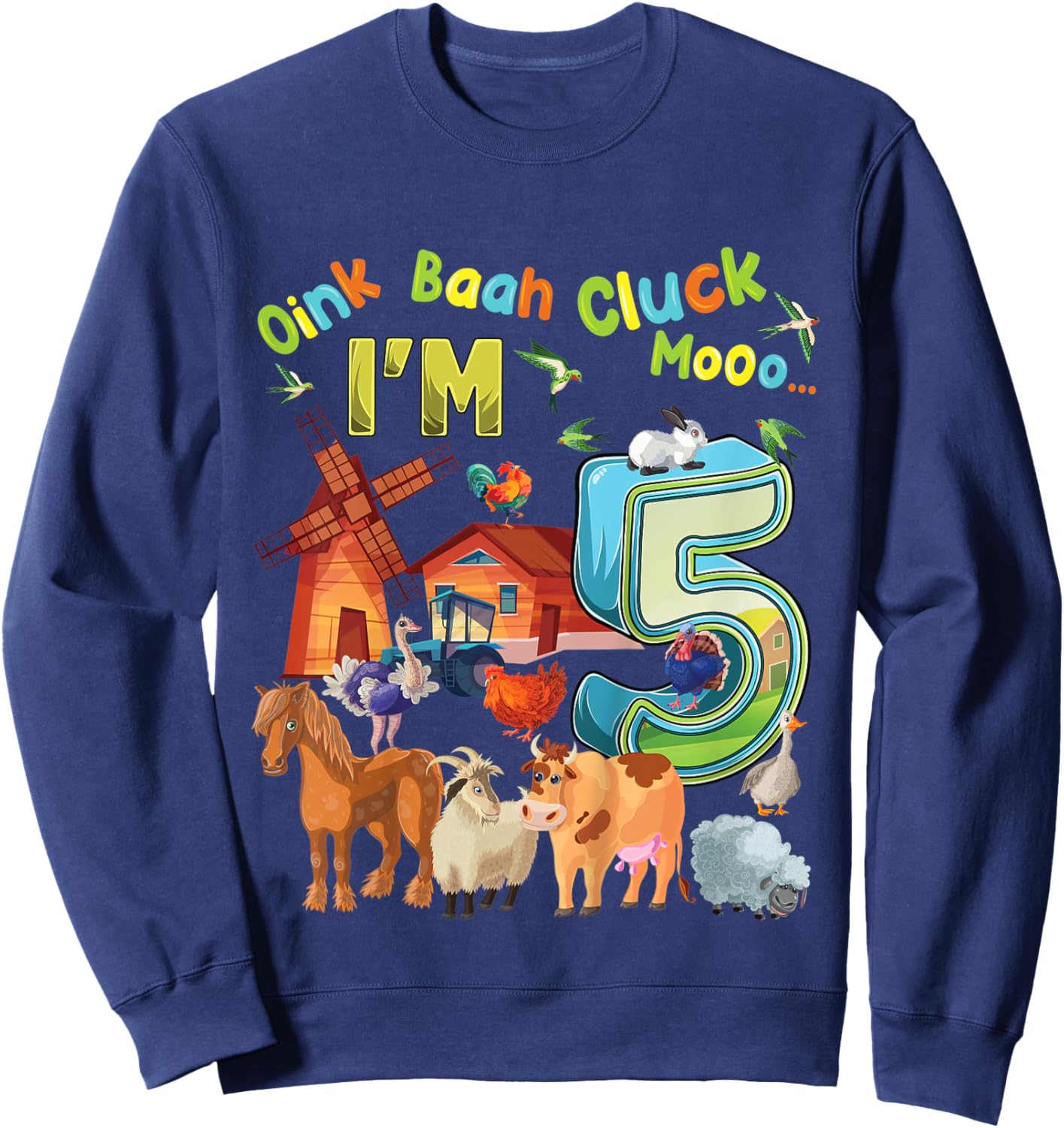 Kids Barnyard 5th Birthday Farm Animals 5 Years Old Farming Sweatshirt - Sweatshirt | Navy