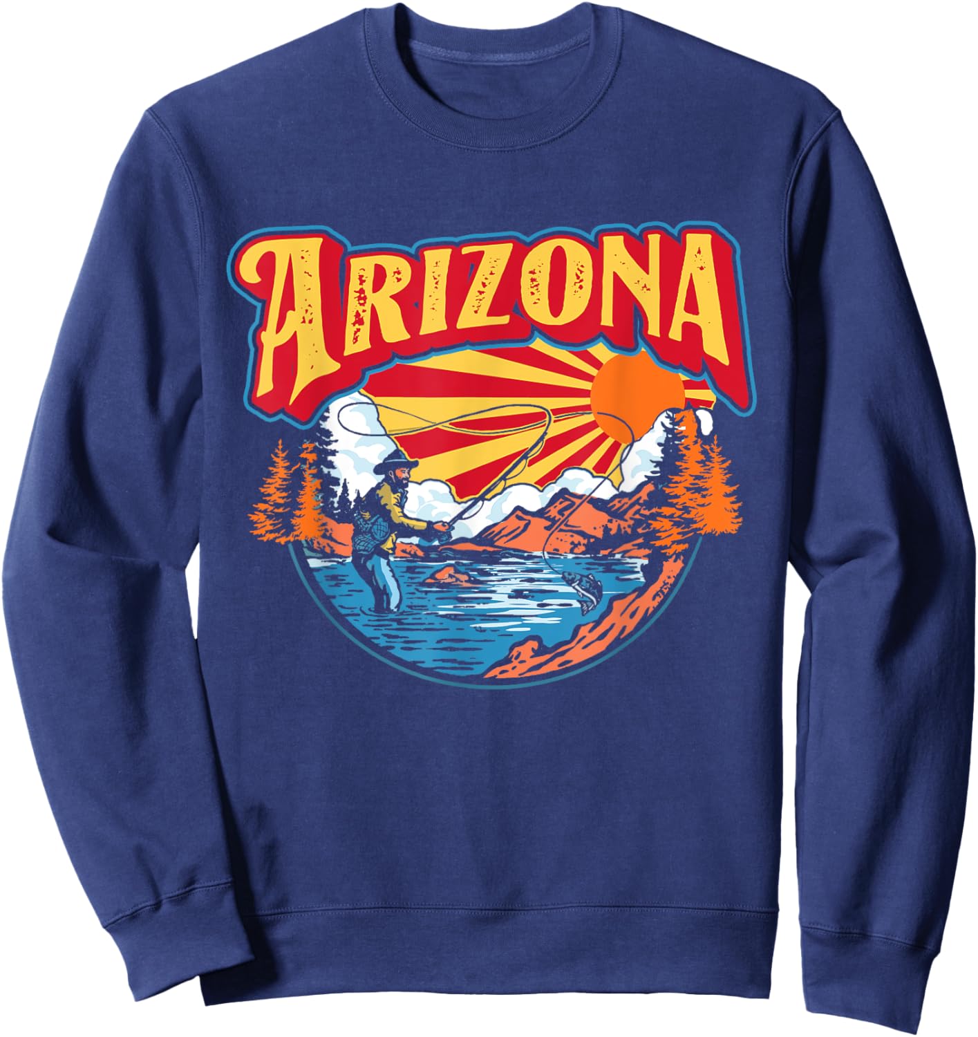 Arizona Fly Fishing AZ State Flag Trout Fisherman Vintage Sweatshirt - Sweatshirt | Navy