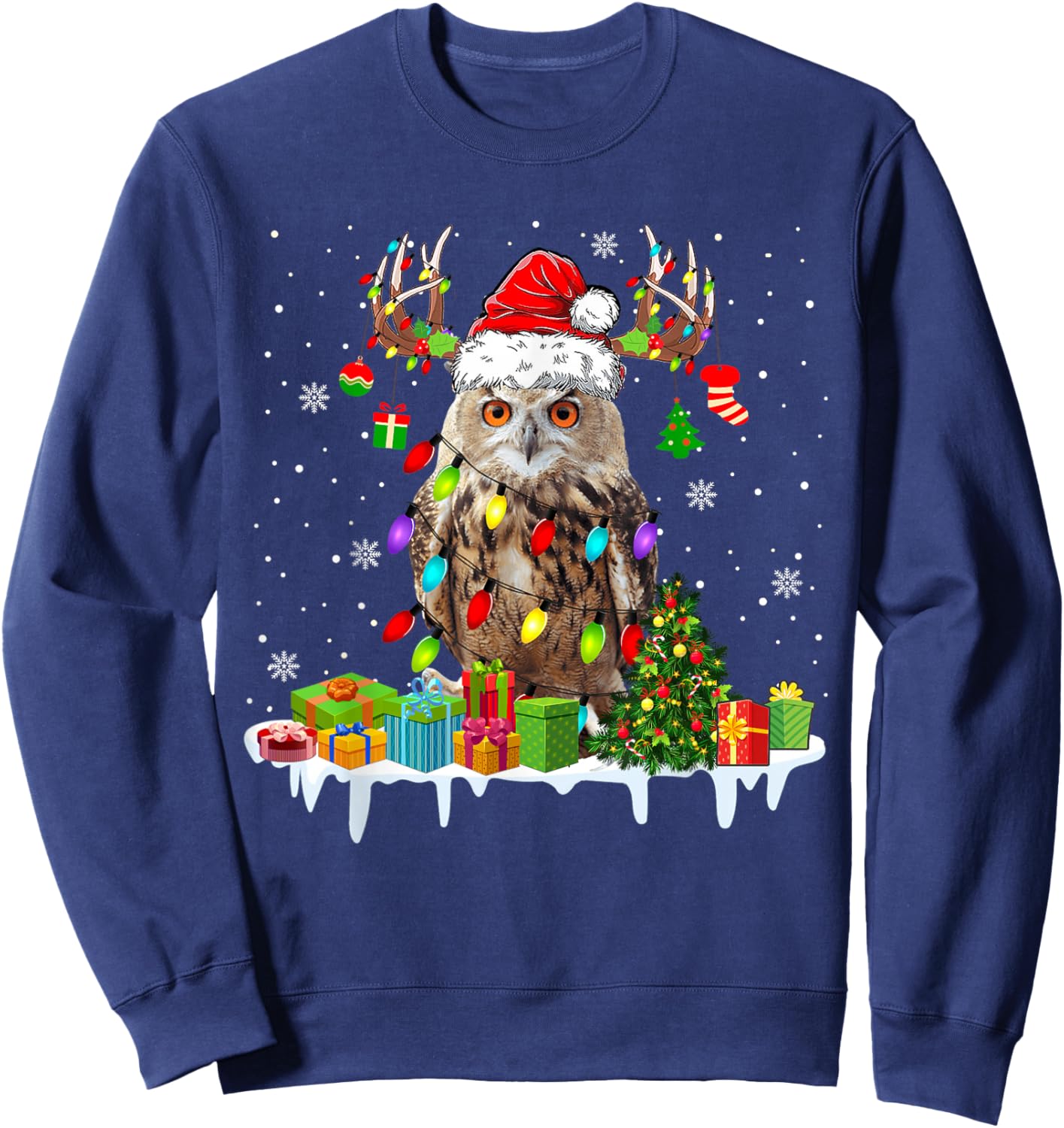Christmas Owl Cute Christmas Lights Reindeer Santa Owl Lover Sweatshirt - Sweatshirt | Navy