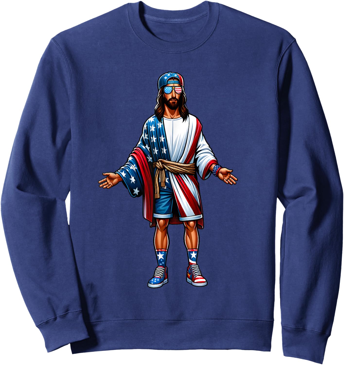 Love Jesus and America Too USA Flag July 4 Christian Church Sweatshirt - Sweatshirt | Navy