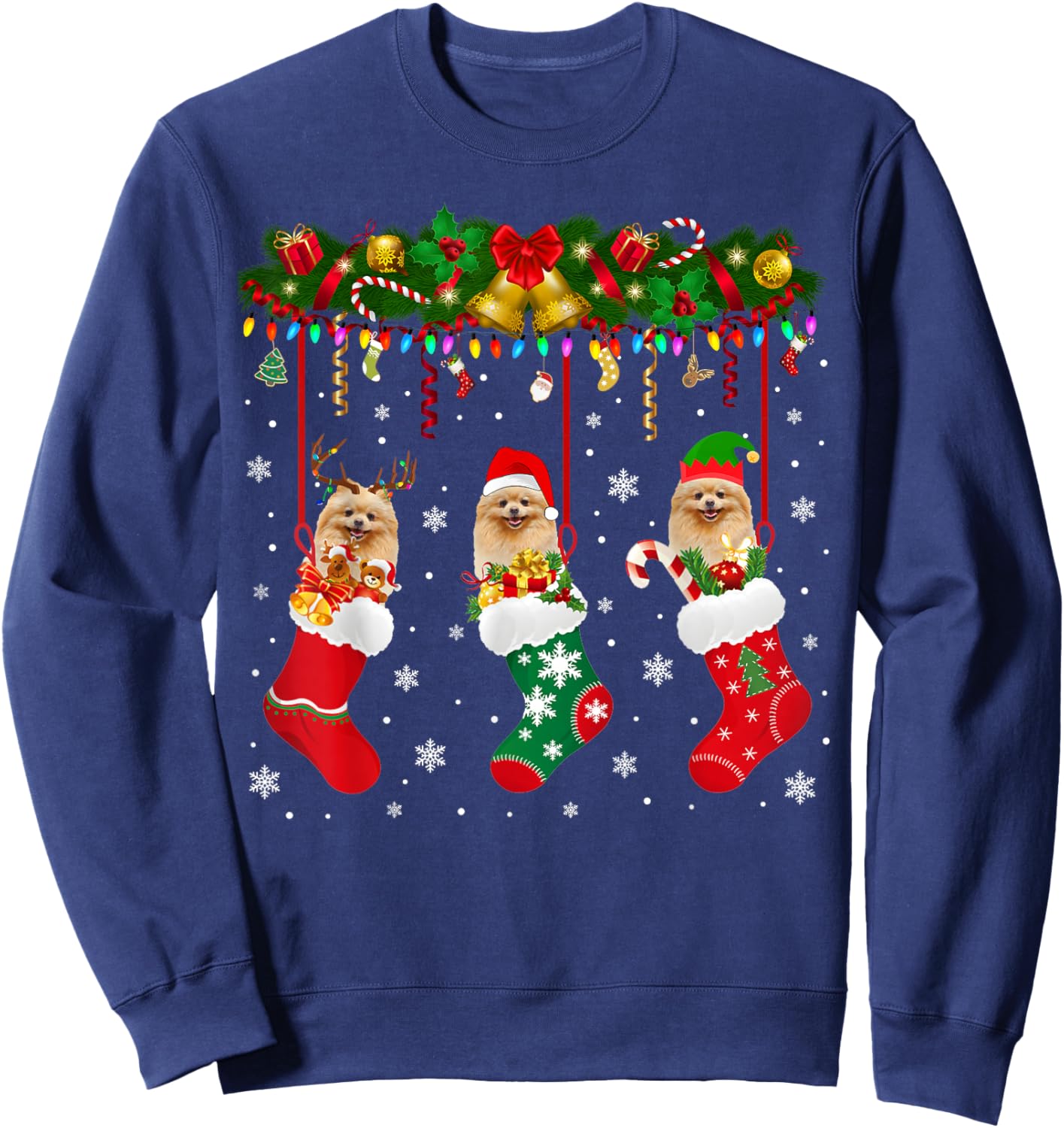 Pomeranian In Sock Xmas Reindeer Santa ELF Dog Sweatshirt - Sweatshirt | Navy
