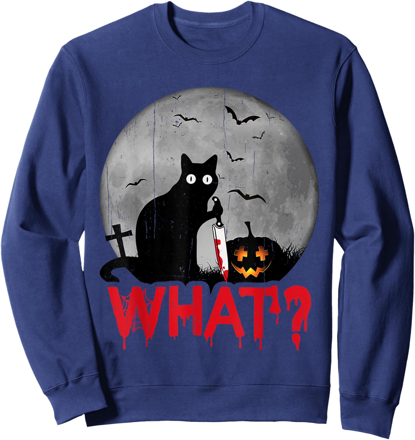 Cat What? Murderous Black Cat with Knife Halloween Costume Men Women Sweatshirt - Sweatshirt | Navy