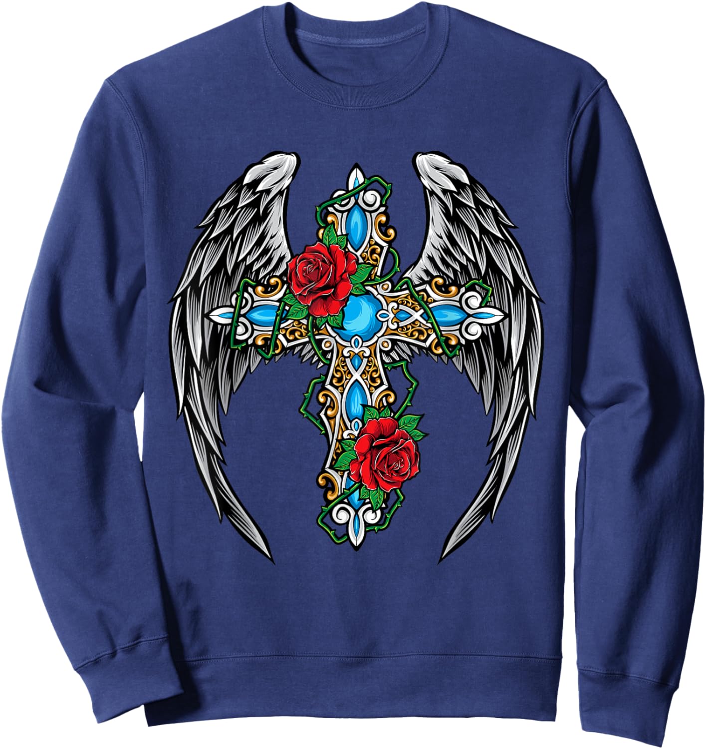Christian Cross Vintage Rose Flower Cross Wings Religion Sweatshirt - Sweatshirt | Navy