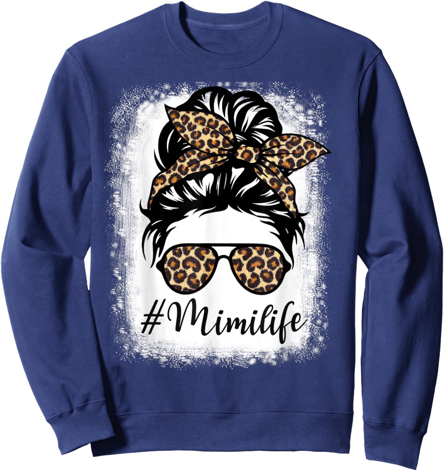 Women Messy Bun Mimi Life Leopard Mothers Day Sweatshirt - Sweatshirt | Navy