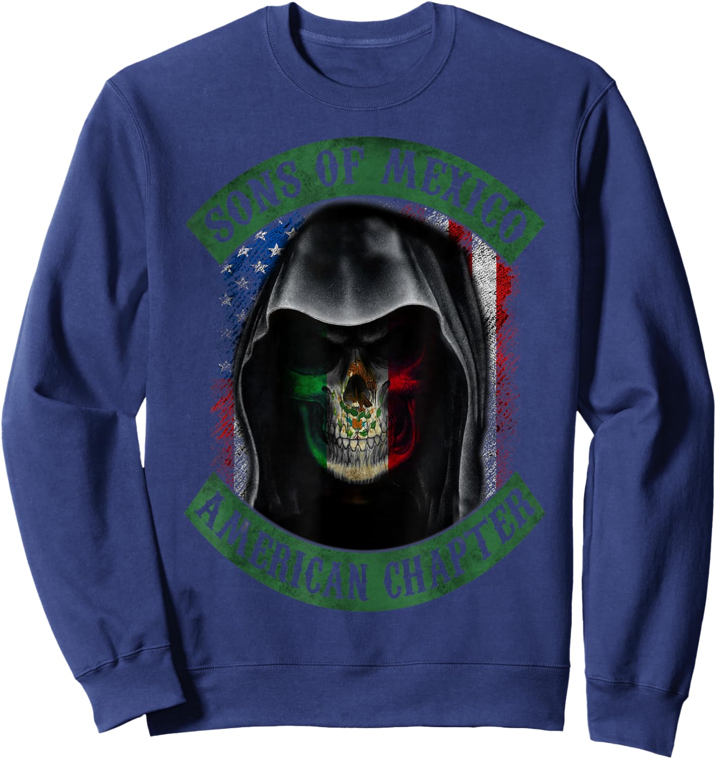 Sons Of Mexico, American Chapter, Mexican Skull USA Flag Women Men Sweatshirt - Sweatshirt | Navy