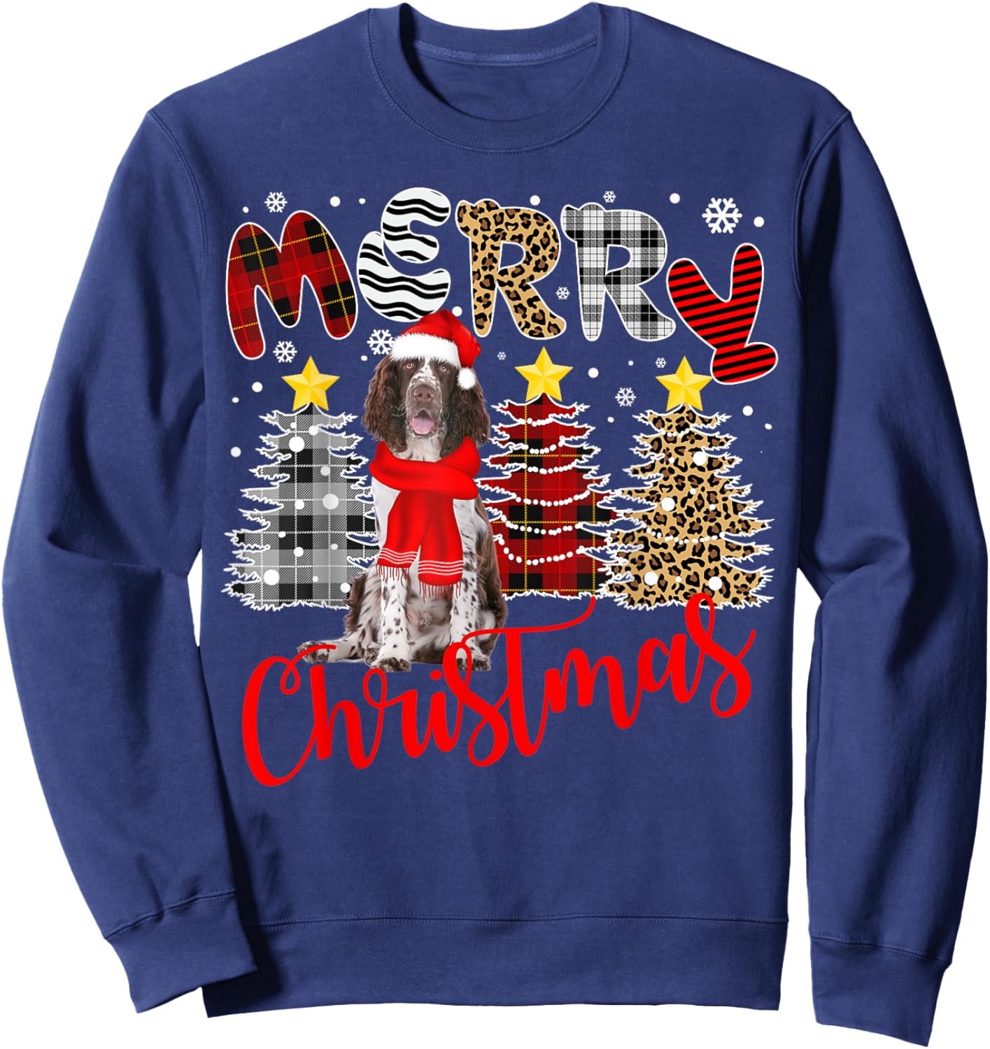 English Springer Spaniel Christmas Tree Leopard Plaid Print Sweatshirt - Sweatshirt | Navy
