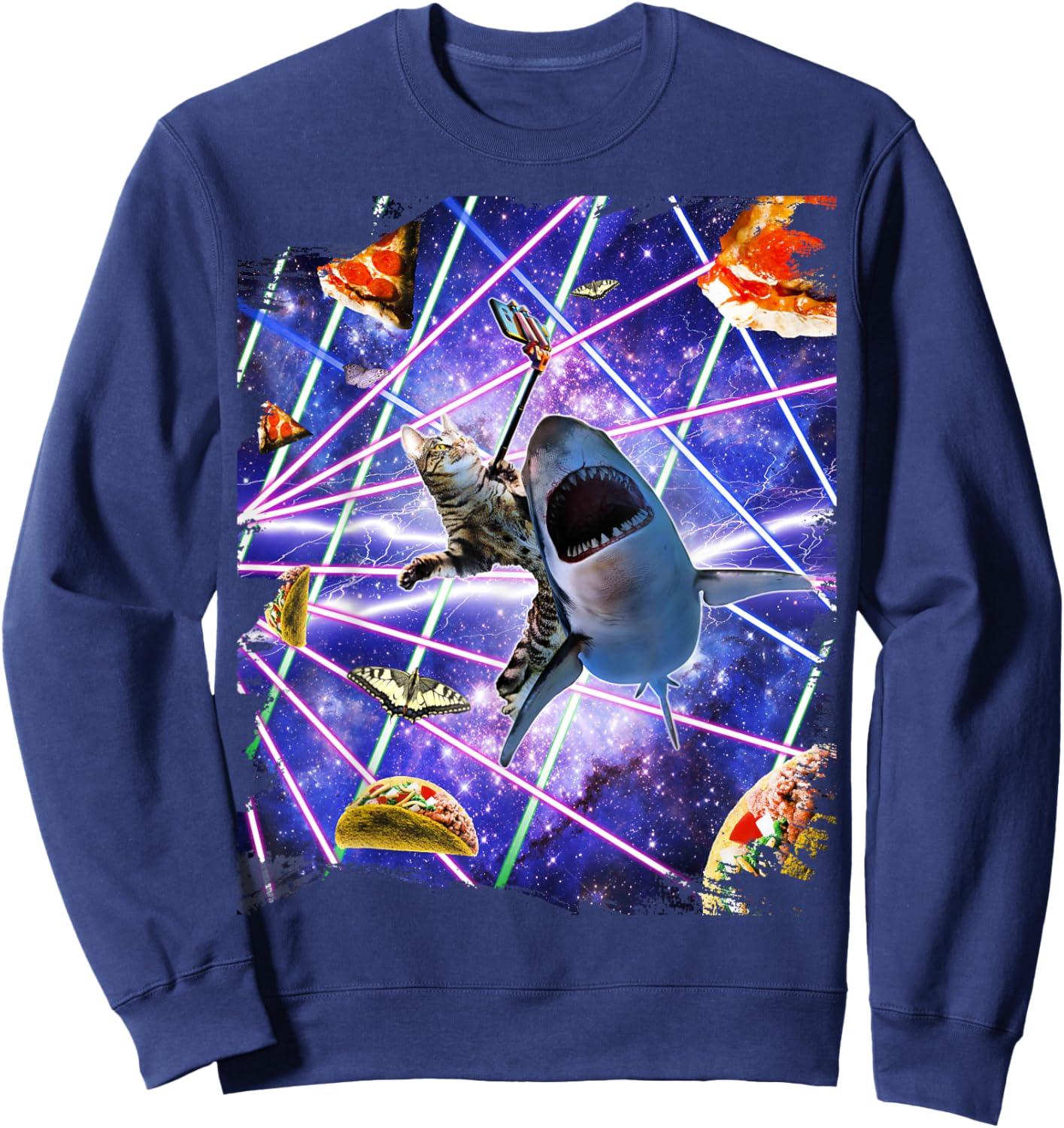 Selfie Cat Riding Shark, Space Rave, Pizza Taco Butterfly Sweatshirt - Sweatshirt | Navy