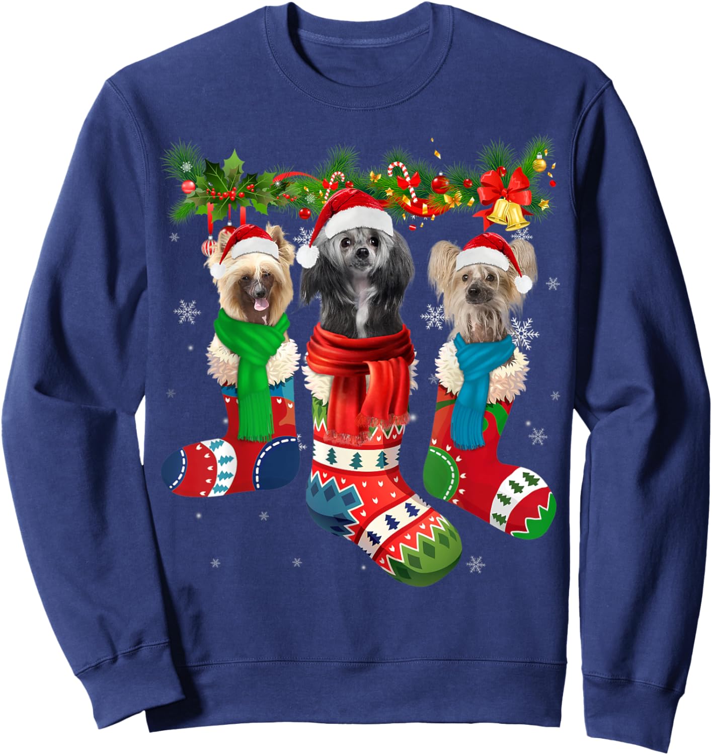 Three Chinese Crested Dogs In Christmas Socks Sweatshirt - Sweatshirt | Navy