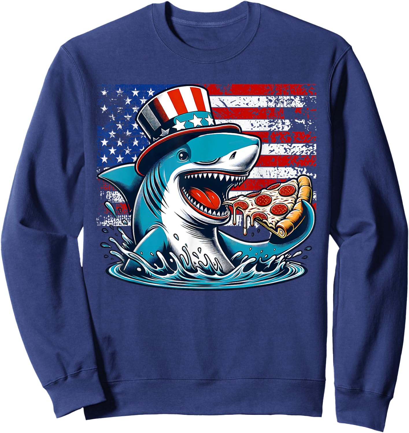 Funny Shark Eating Pizza 4th of July Shark with USA Flag Sweatshirt - Sweatshirt | Navy