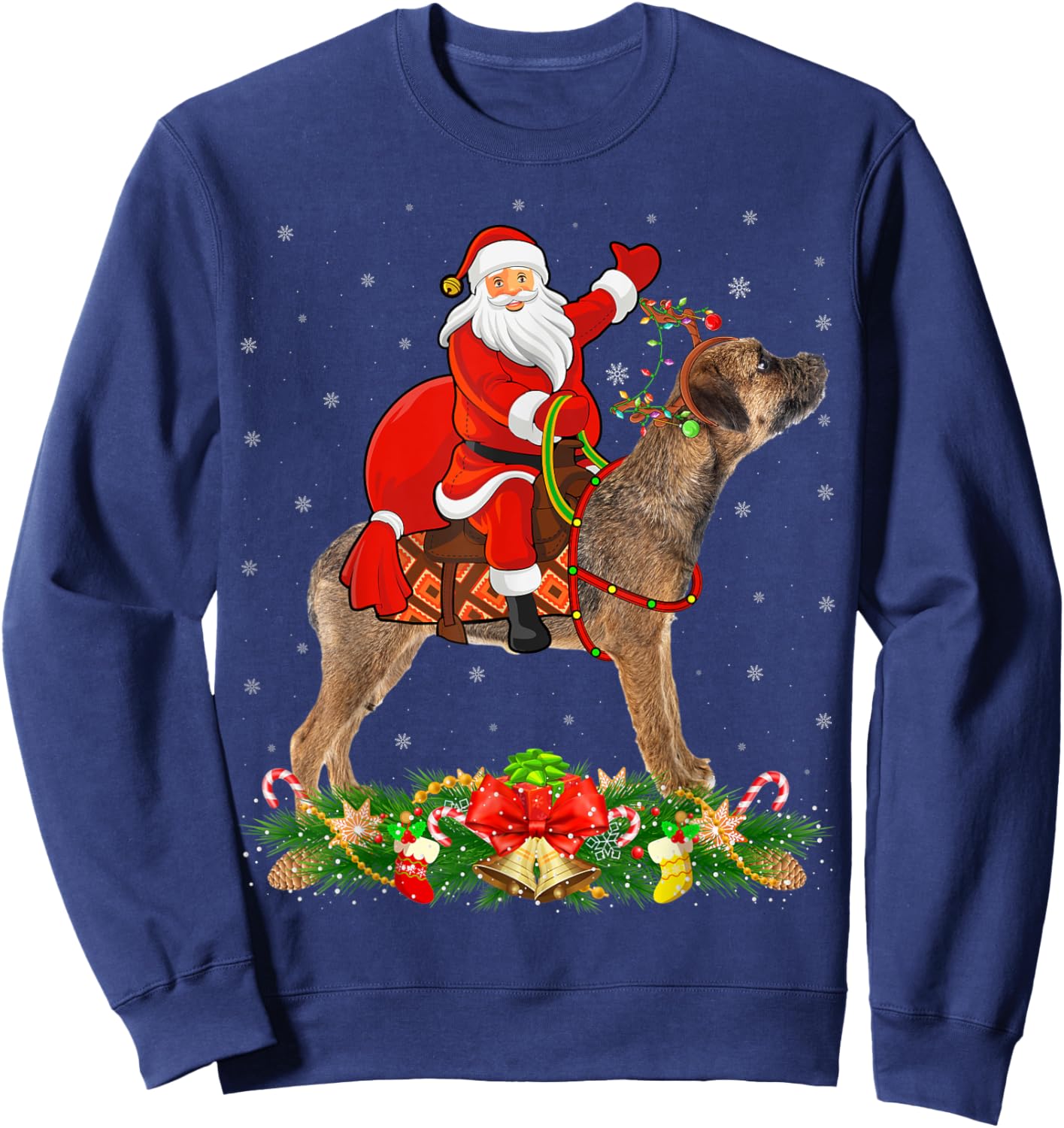 Xmas Matching Funny Santa Riding Border Terrier Christmas Sweatshirt - Sweatshirt | Navy