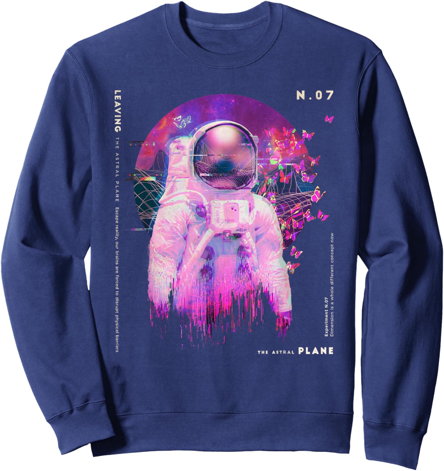 Astronaut vs Butterflies l Glitch Japanese Vaporwave Style Sweatshirt - Sweatshirt | Navy