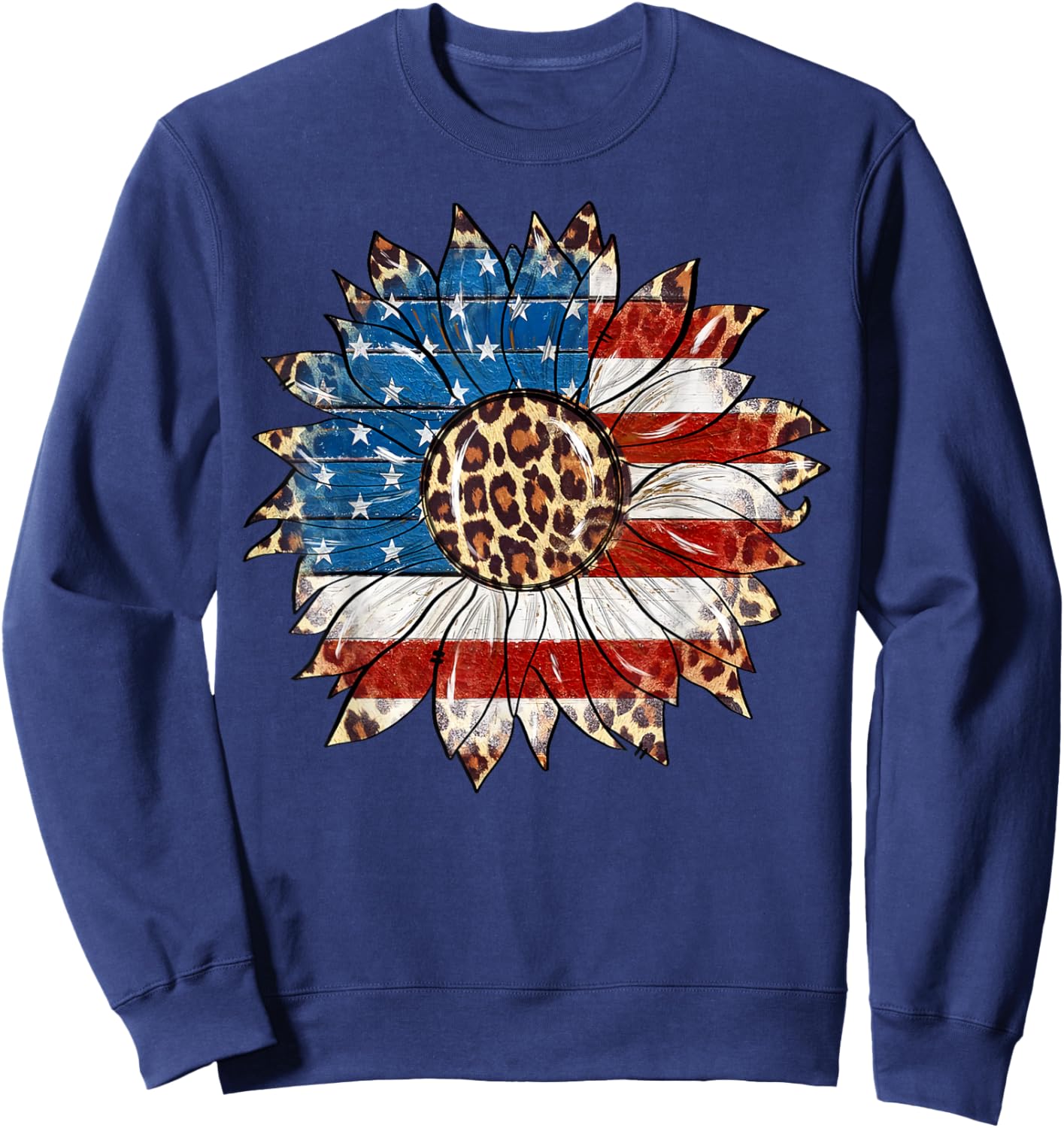 American Flag Sunflower Leopard 4th of July Patriotic Sweatshirt - Sweatshirt | Navy