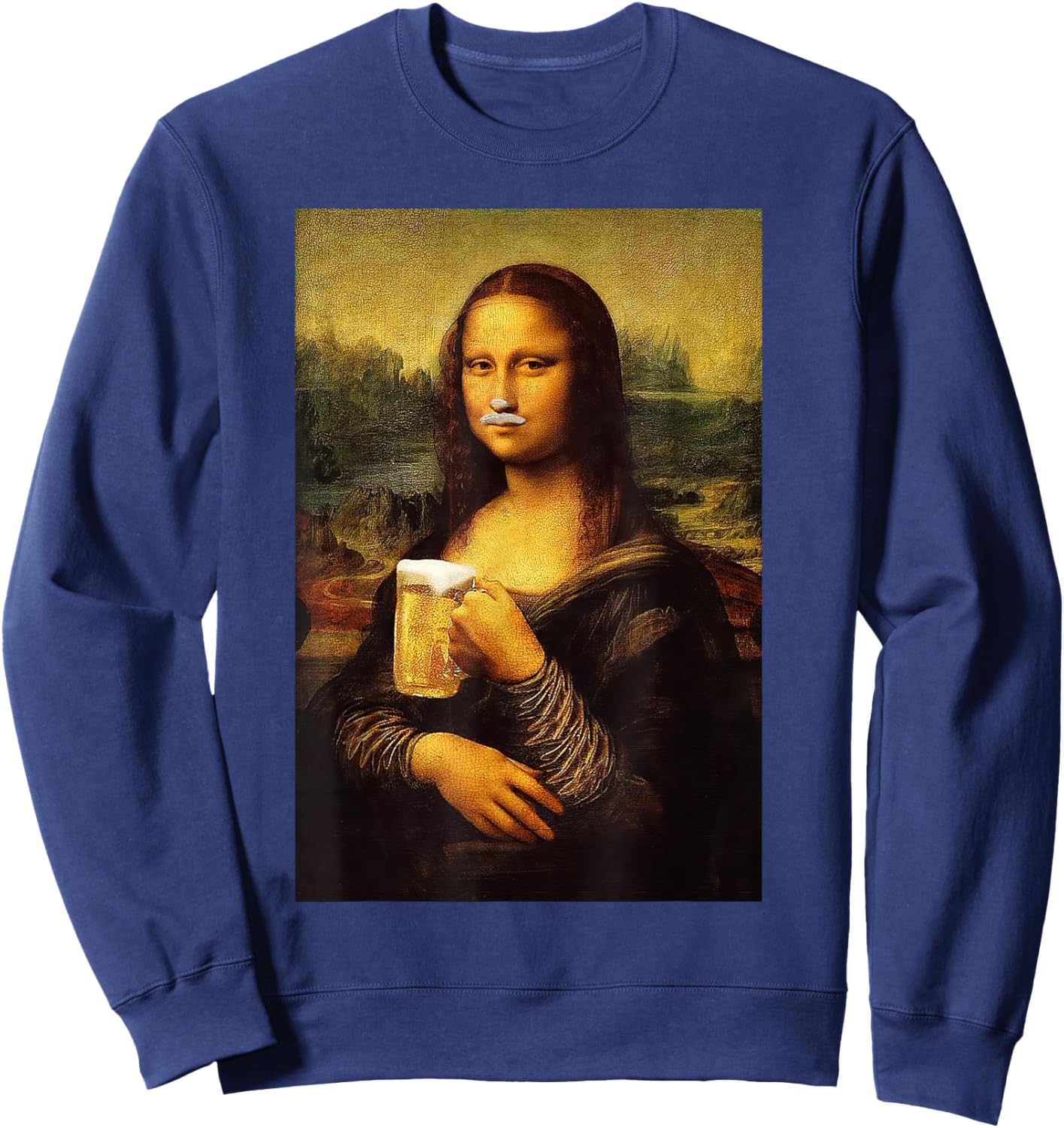 Funny Mona Lisa Drink Beer Shirt | Funny Drinking Beer Lover Sweatshirt - Sweatshirt | Navy