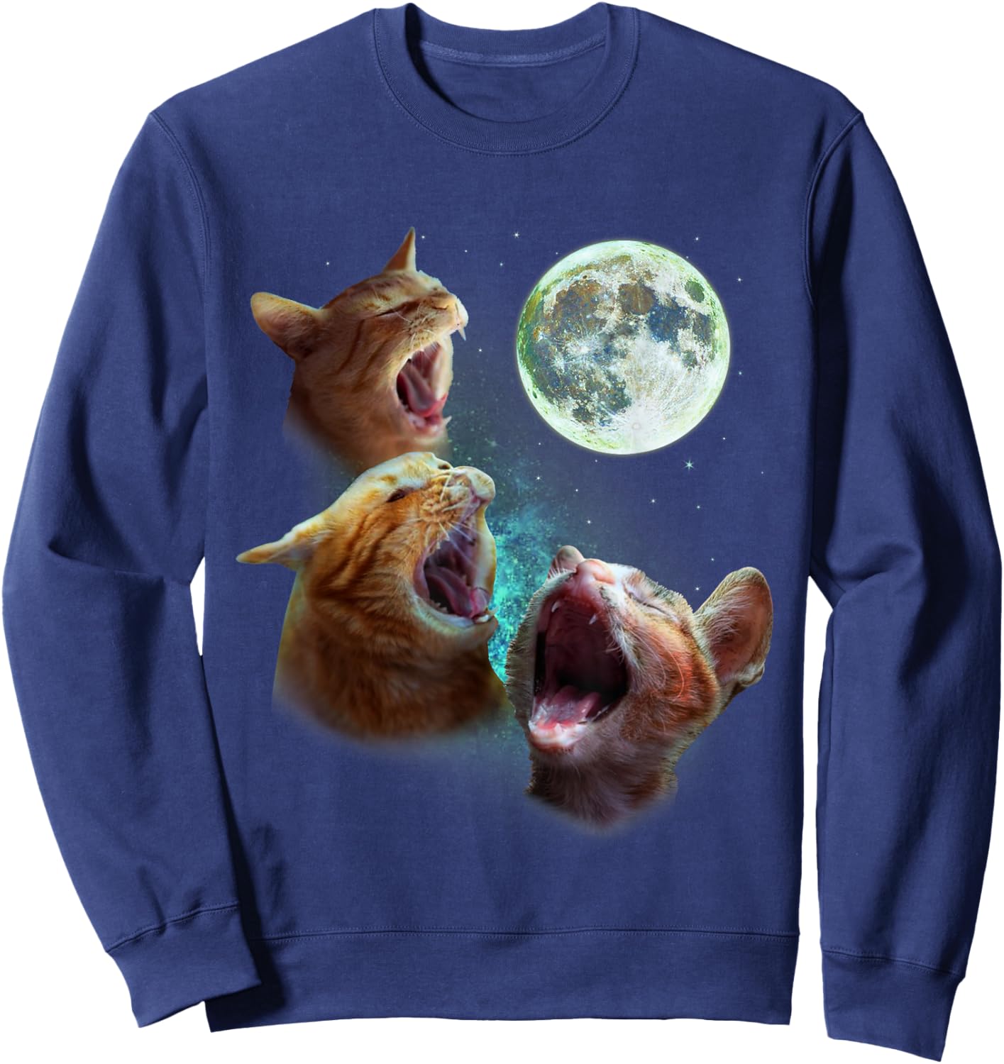 Three Orange Tabby Cats Howl at Moon 3 Wolfs - Funny Parody Sweatshirt - Sweatshirt | Navy