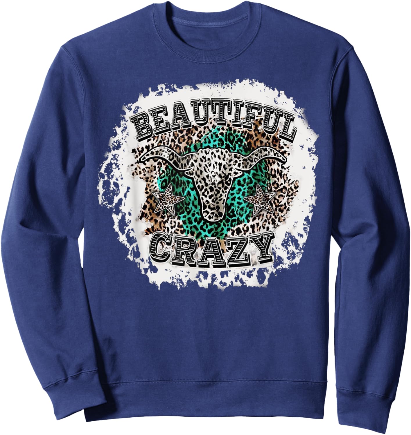 Beautiful Bull Skull Crazy Cow Skull Leopard Sweatshirt - Sweatshirt | Navy