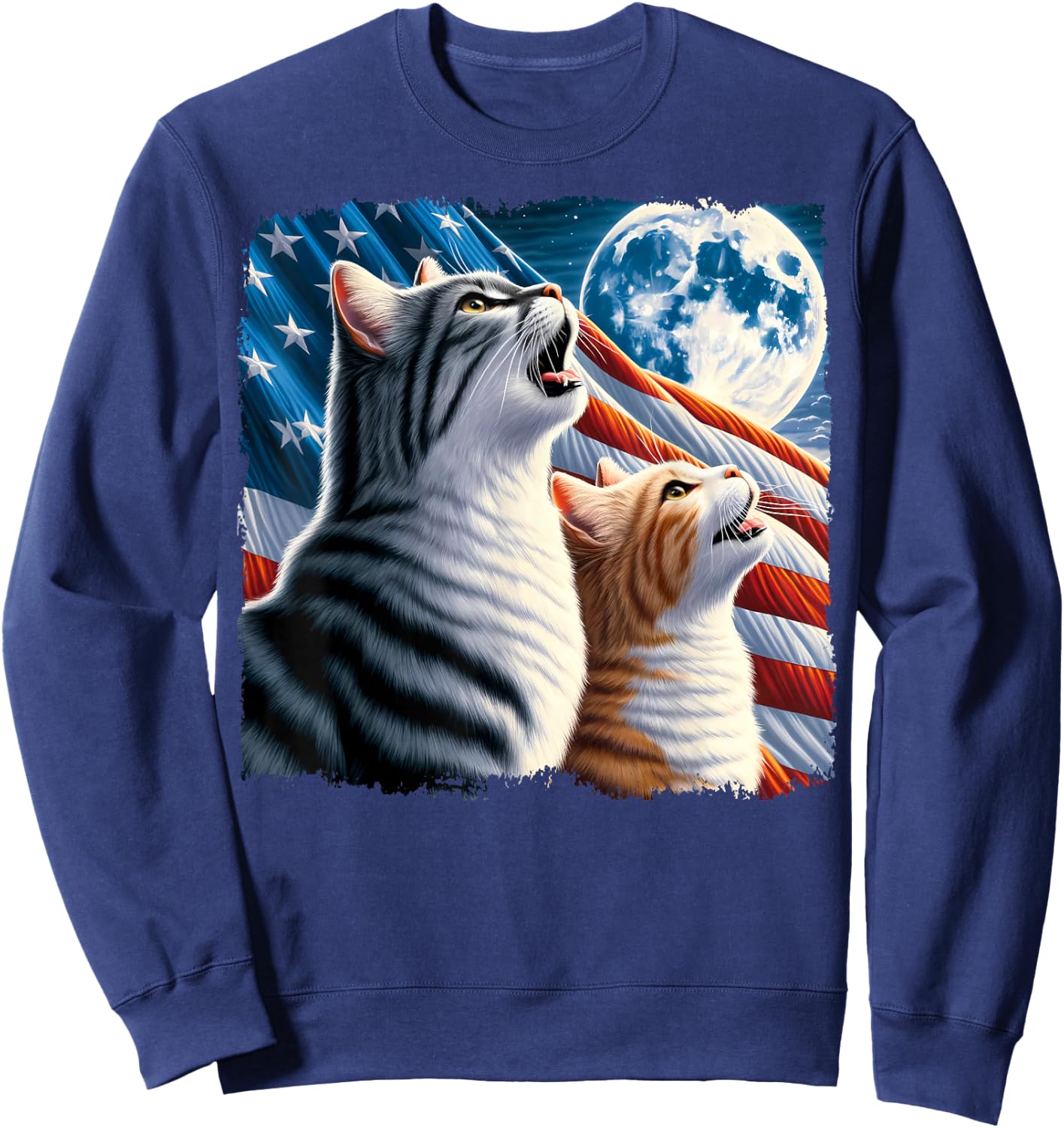 Cat 4th of July American Flag Howling Cats Under Blood Moon Sweatshirt - Sweatshirt | Navy