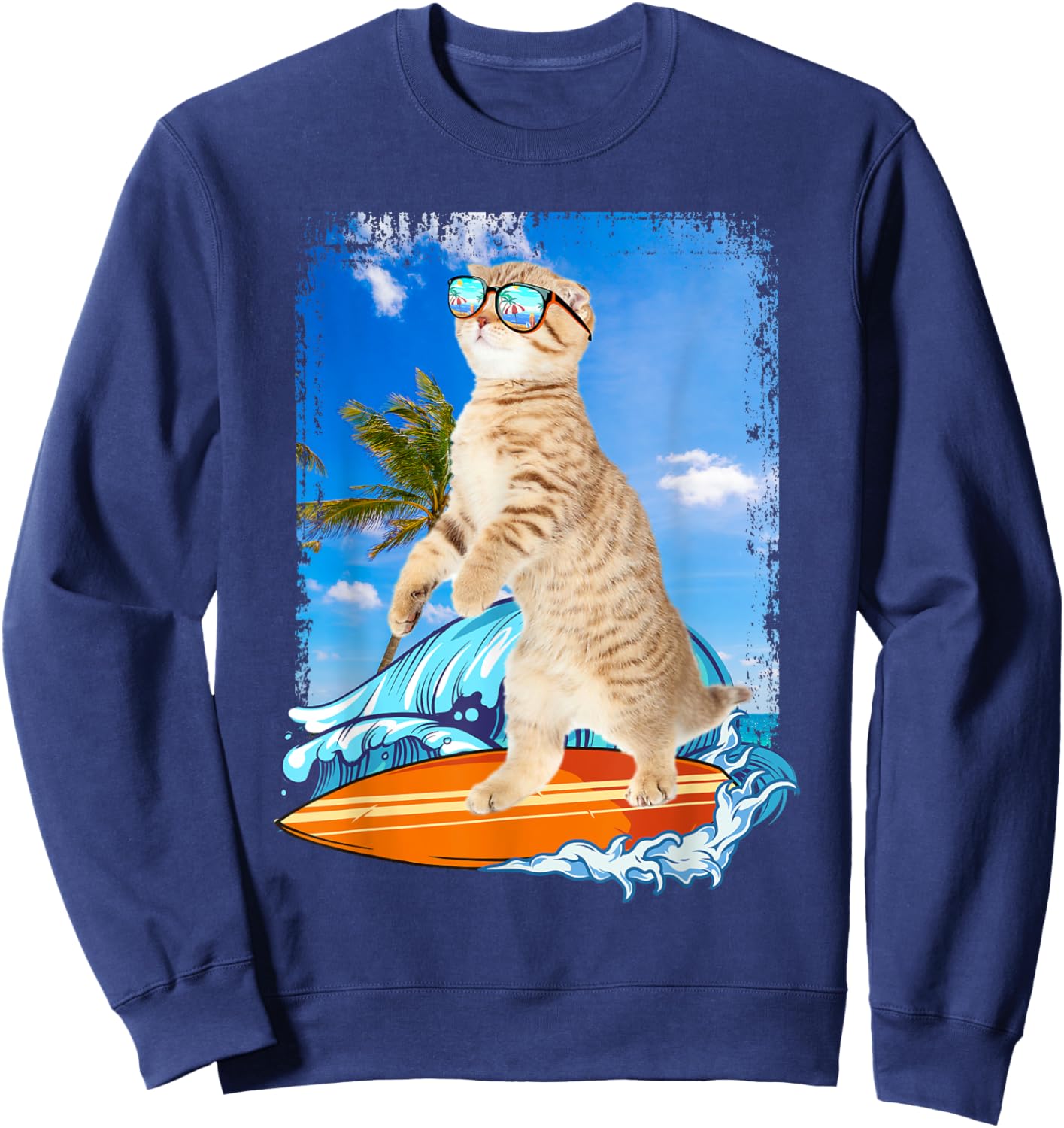 Cute Surfing Hawaiian Cat Lover Surfer Beach Summer Vacation Men Women Girls Kids Sweatshirt - Sweatshirt | Navy