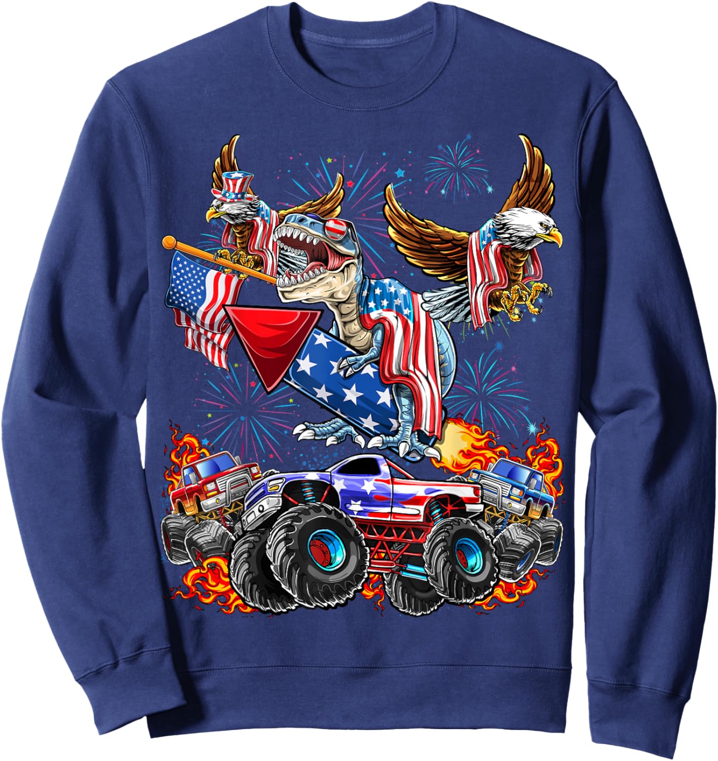 4th of July Dinosaur Monster Truck Bald Eagle American Flag Sweatshirt - Sweatshirt | Navy