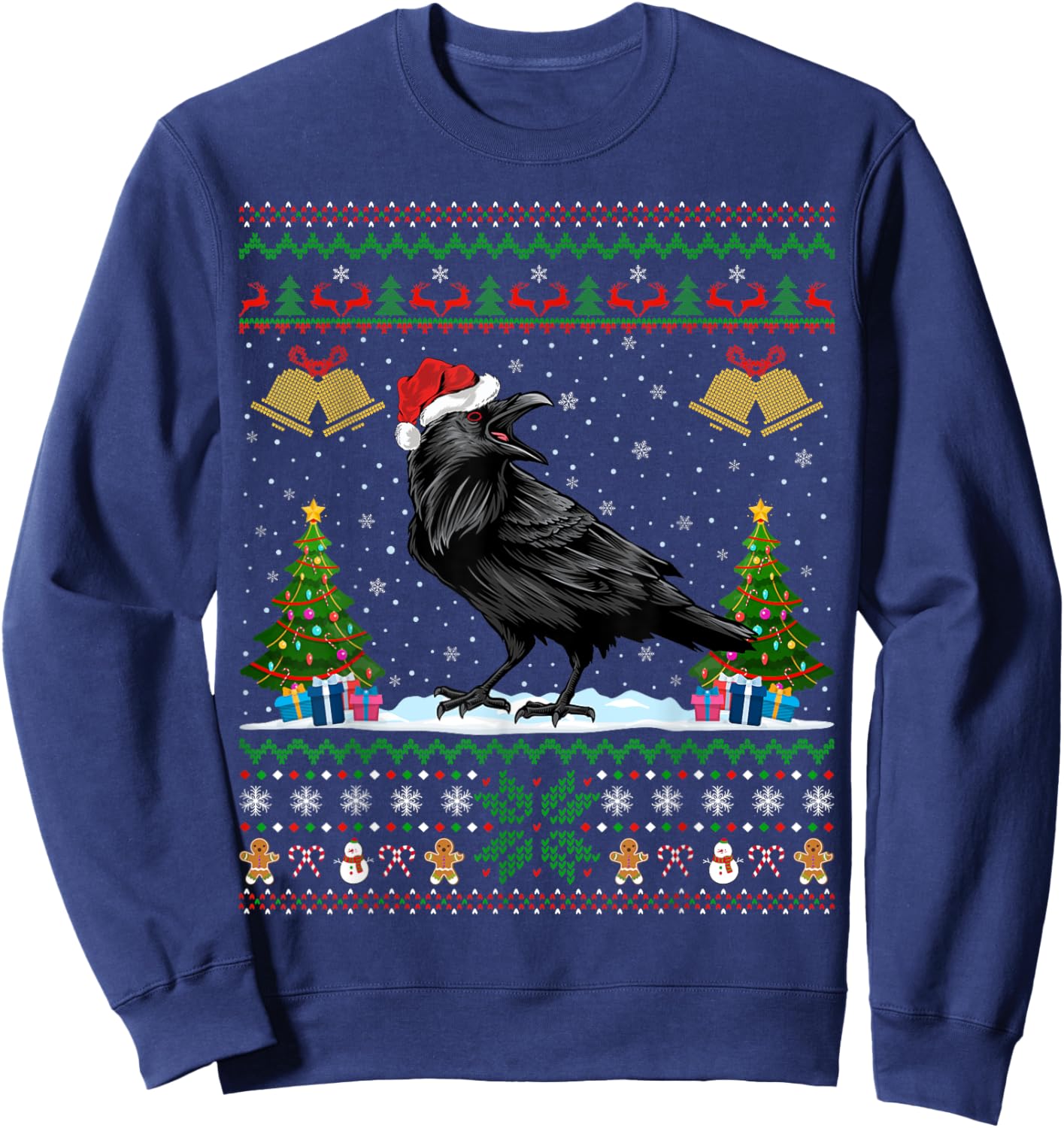 Santa Hat Raven Bird Xmas Lighting Ugly Raven Christmas Sweatshirt - Sweatshirt | Navy