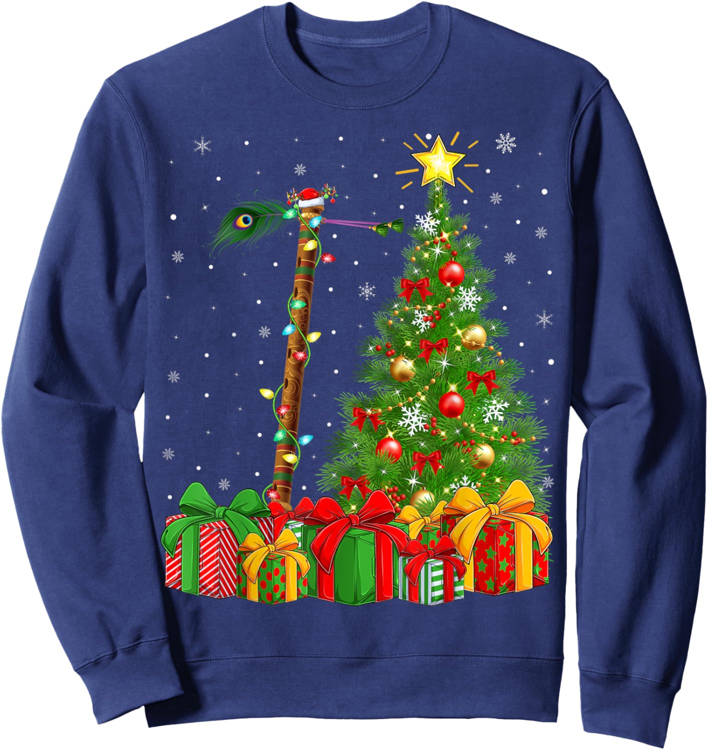 Flute Music Lighting Xmas Tree Santa Hat Flute Christmas Sweatshirt - Sweatshirt | Navy