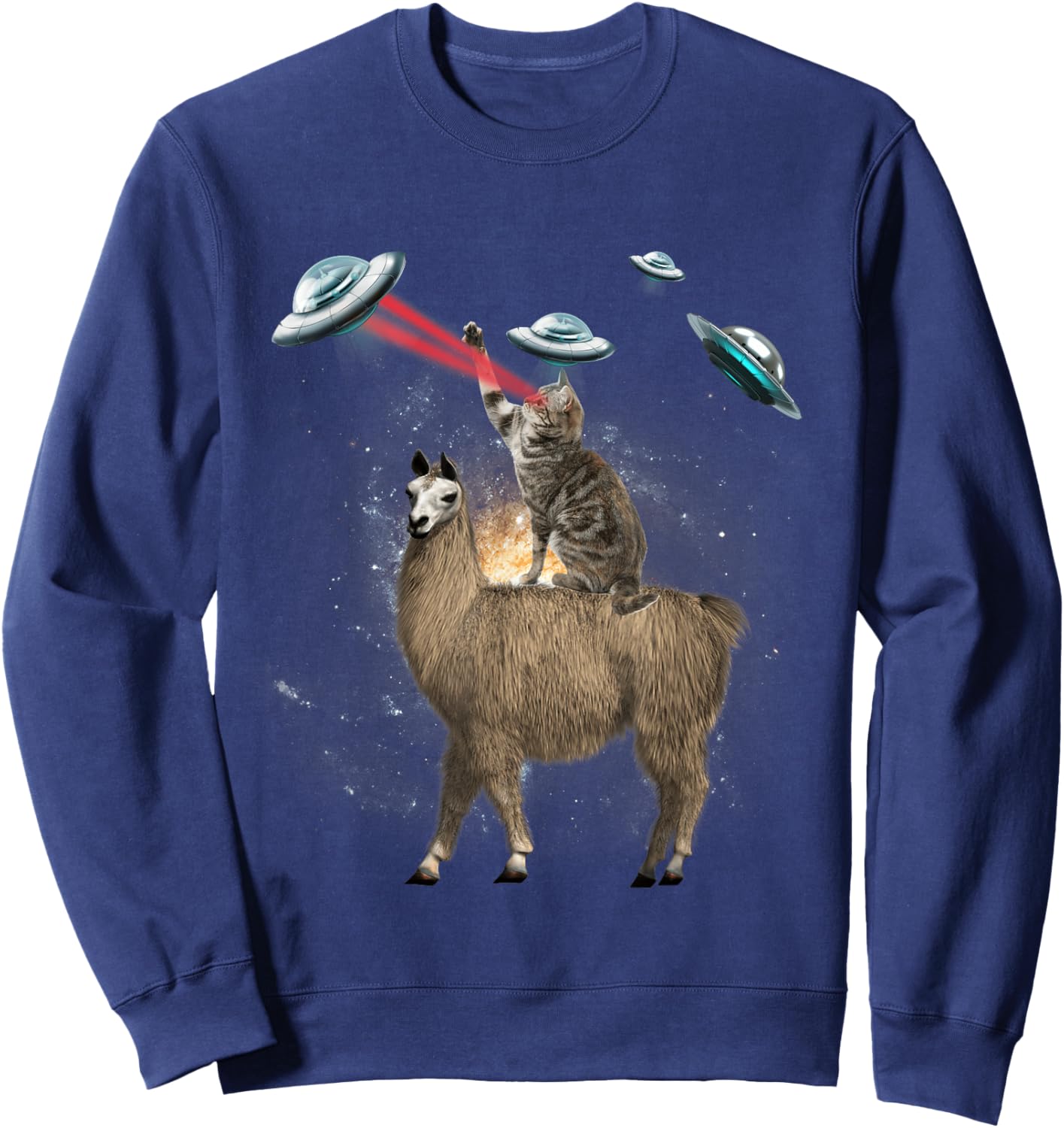 Space Cat Riding Llama Laser Eyes UFO Funny Cat Lover Men Women Kids Sweatshirt - Sweatshirt | Navy