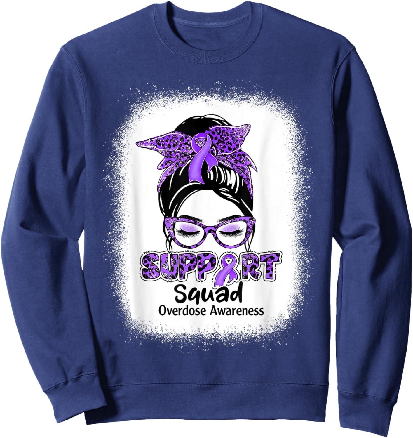 Support Squad Messy Bun Purple Ribbon Overdose Awareness Sweatshirt - Sweatshirt | Navy
