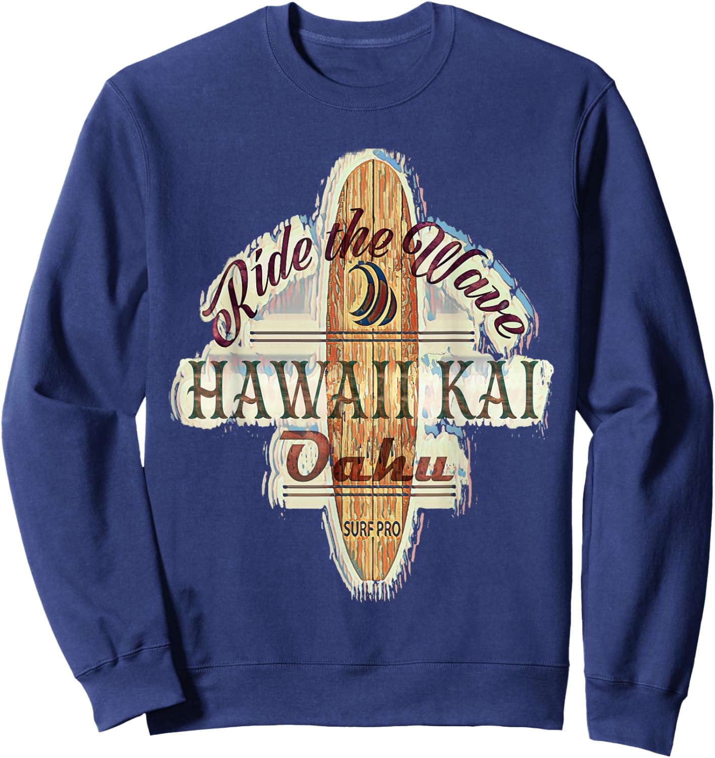 Surfing, Surfboard, Distressed Longboard Hawaii Kai Oahu Sweatshirt - Sweatshirt | Navy