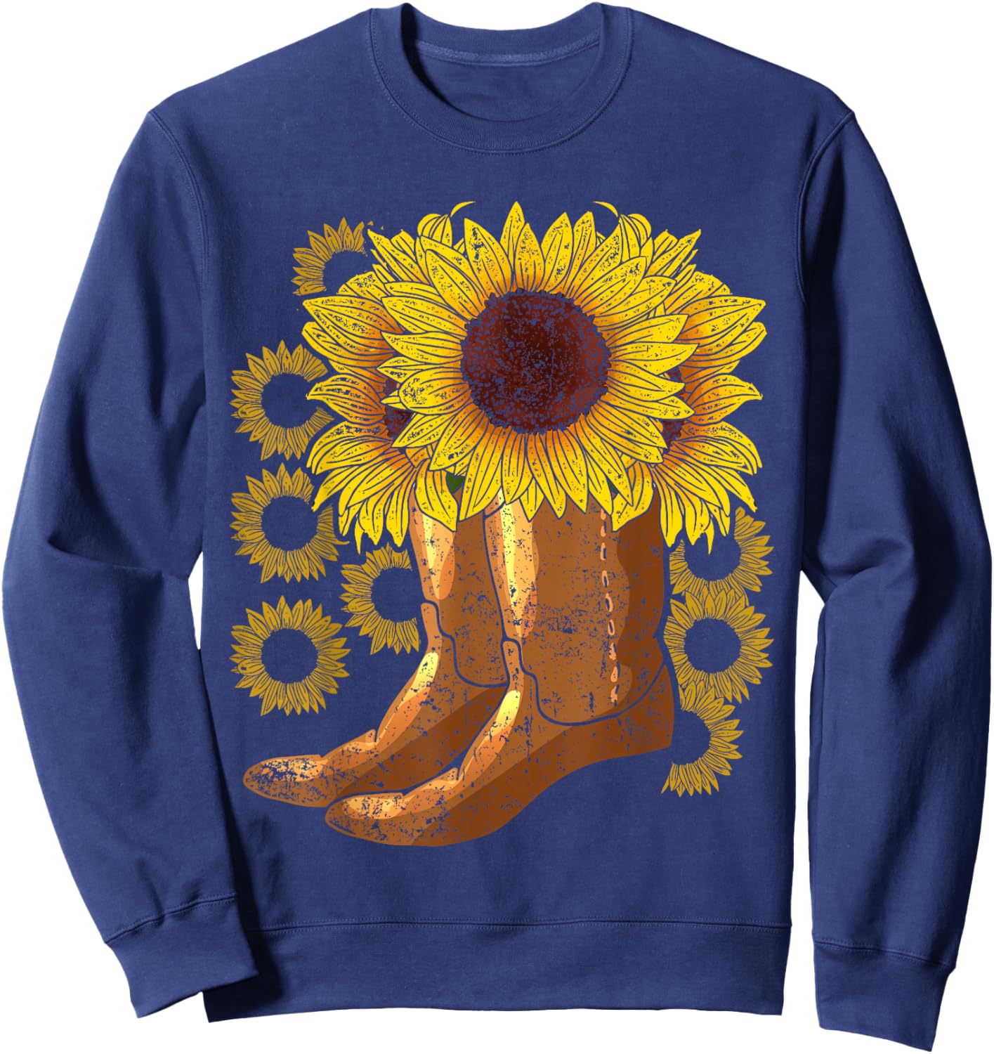 Yellow Flower Farmer Women Gift Cowboy Boots Sunflower Sweatshirt - Sweatshirt | Navy
