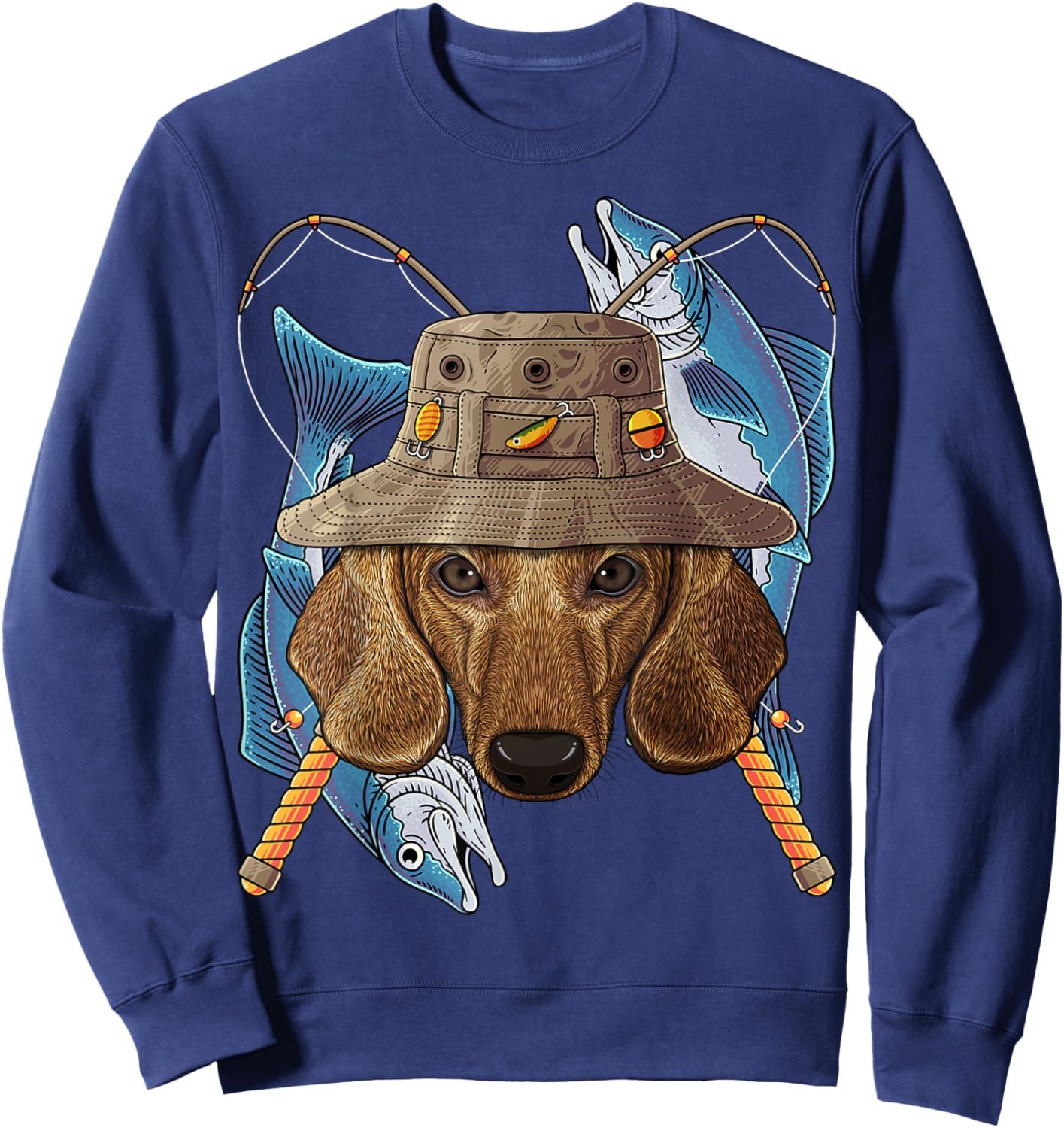 Fishing Dachshund Outdoor Fisherman Dog Cute Fly Fishing Sweatshirt - Sweatshirt | Navy