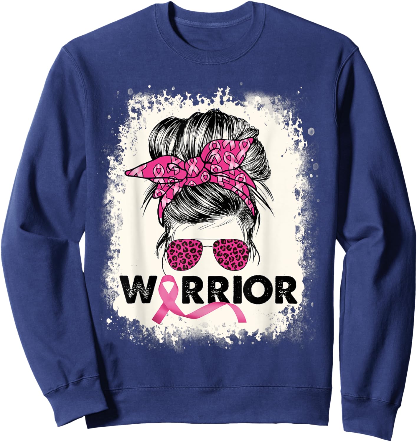 Warrior Breast Cancer Awareness Pink Ribbon Messy Bun Sweatshirt - Sweatshirt | Navy